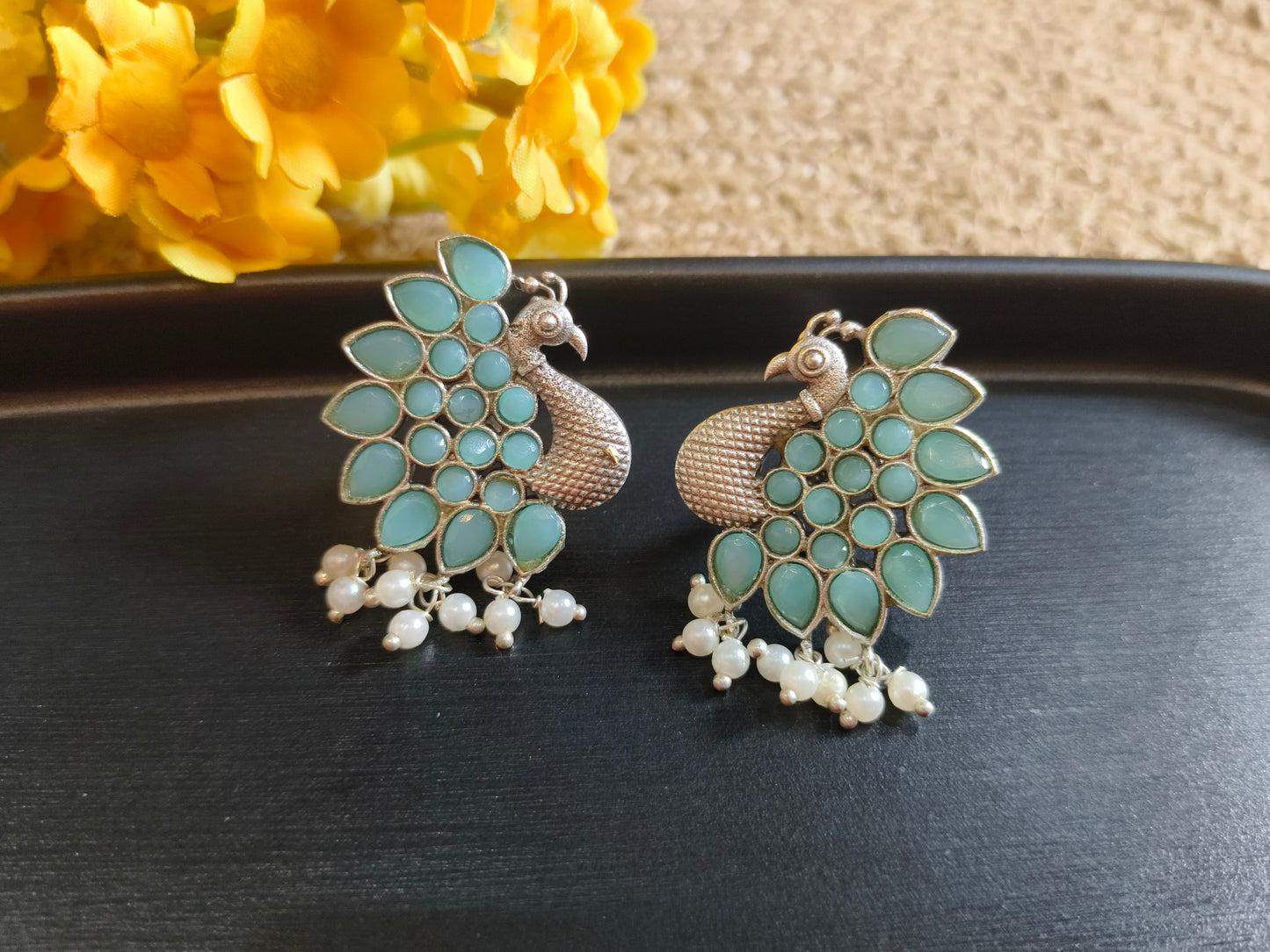 Peacock Paradise: Blue Stone and Pearl Studs