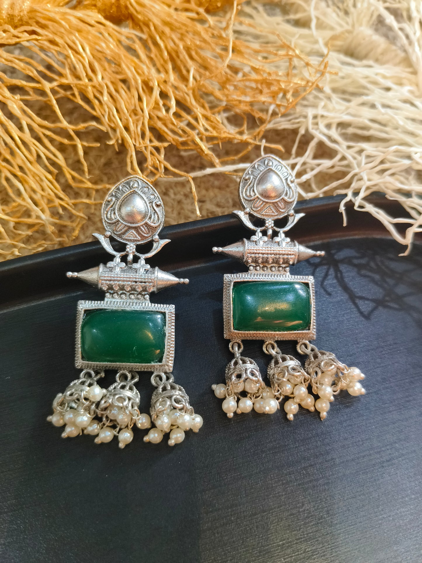 Green Gemstone and Pearl Dangler Earrings