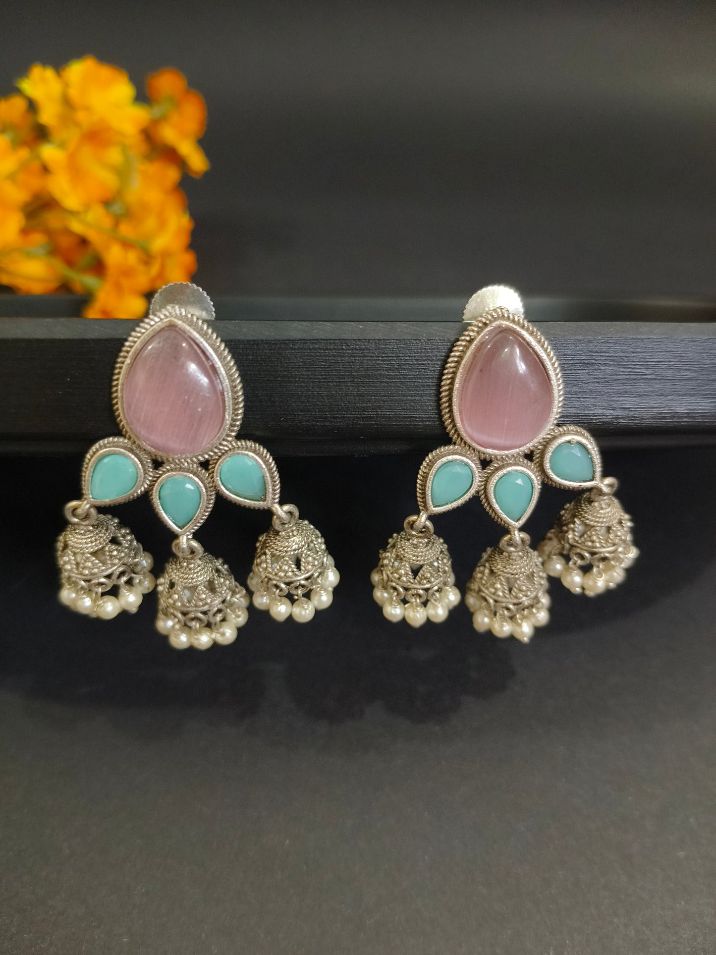 Pastel Dream: Pink and Blue Stone Jhumkas