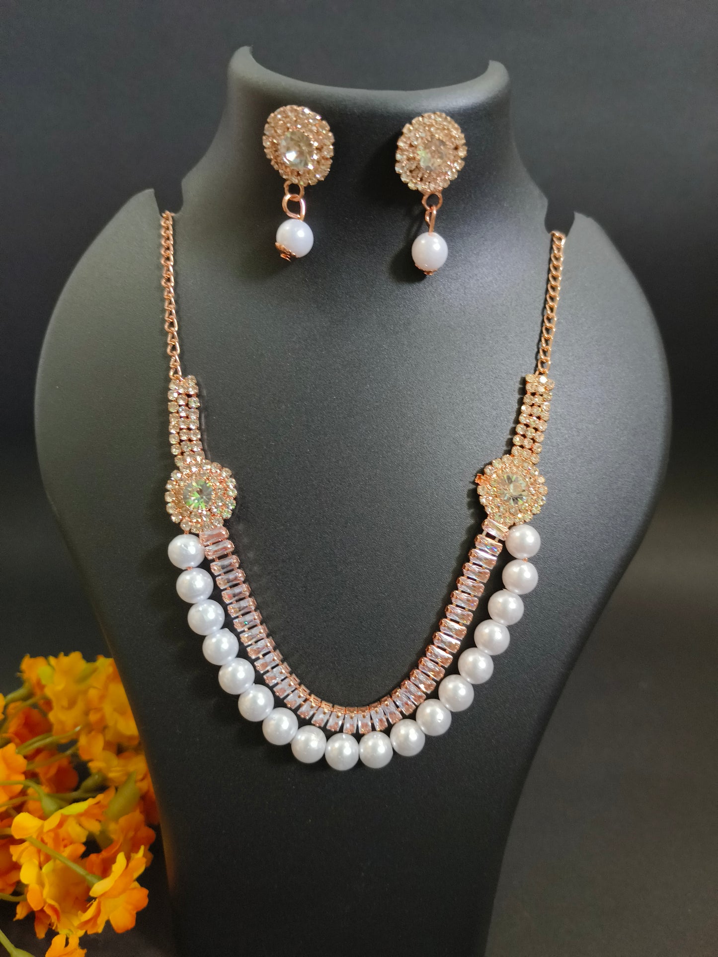 Elegant Pearl & Crystal Necklace Set - Rose Gold Plated Jewelry