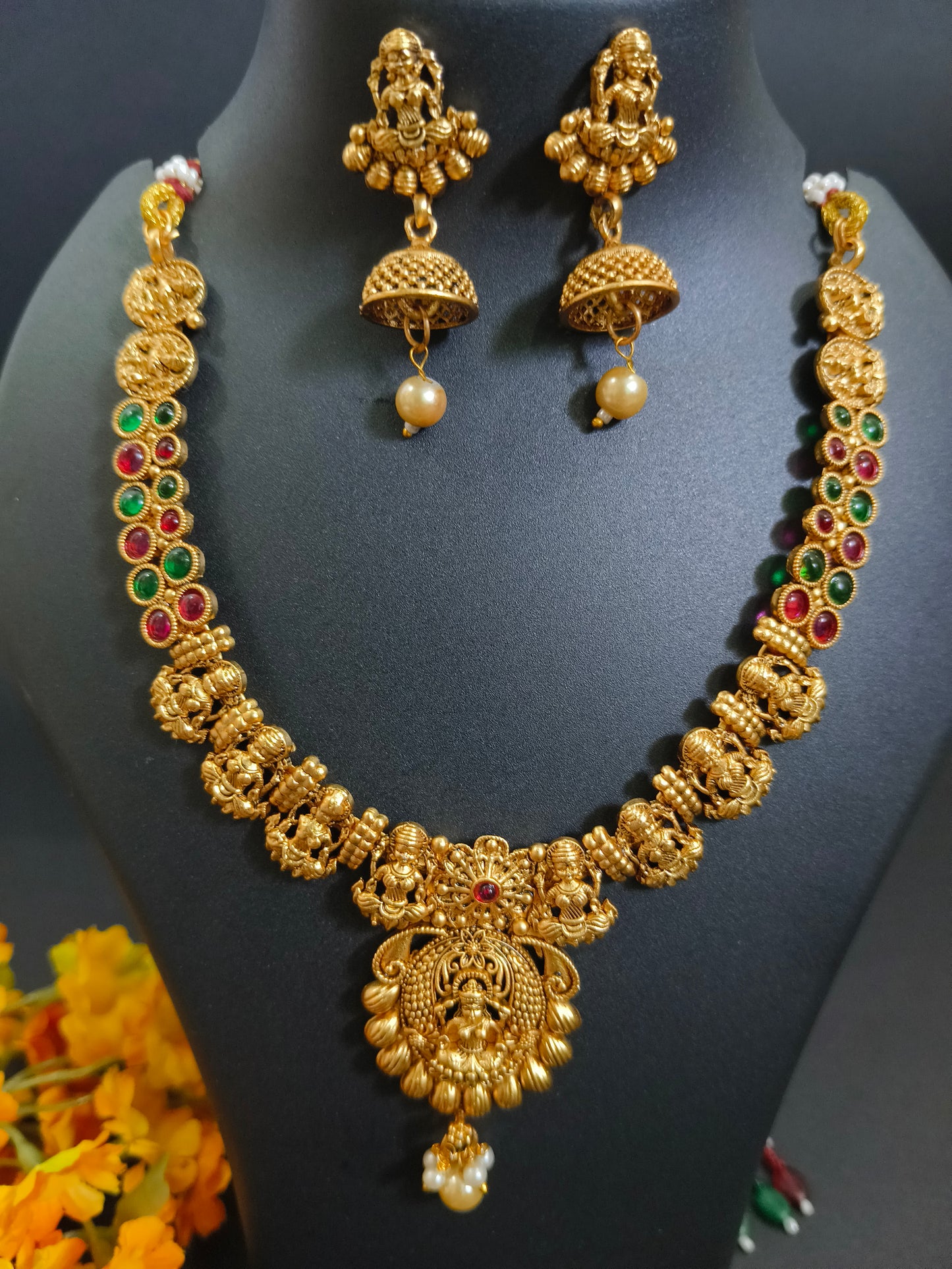 Gold Temple Jewelry Necklace Set - Matte Finish with Lakshmi Pendant