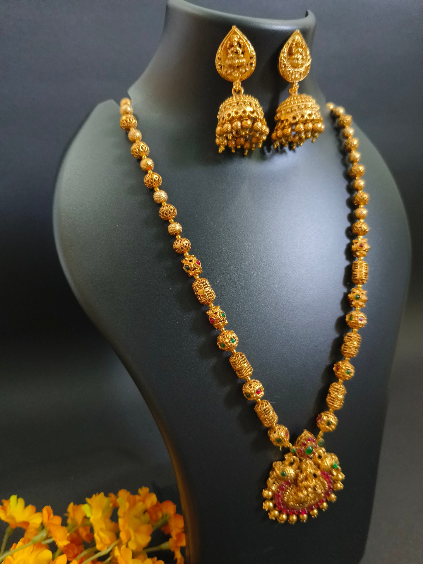 Temple Jewelry Necklace Set with Lakshmi Pendant & Jhumkas