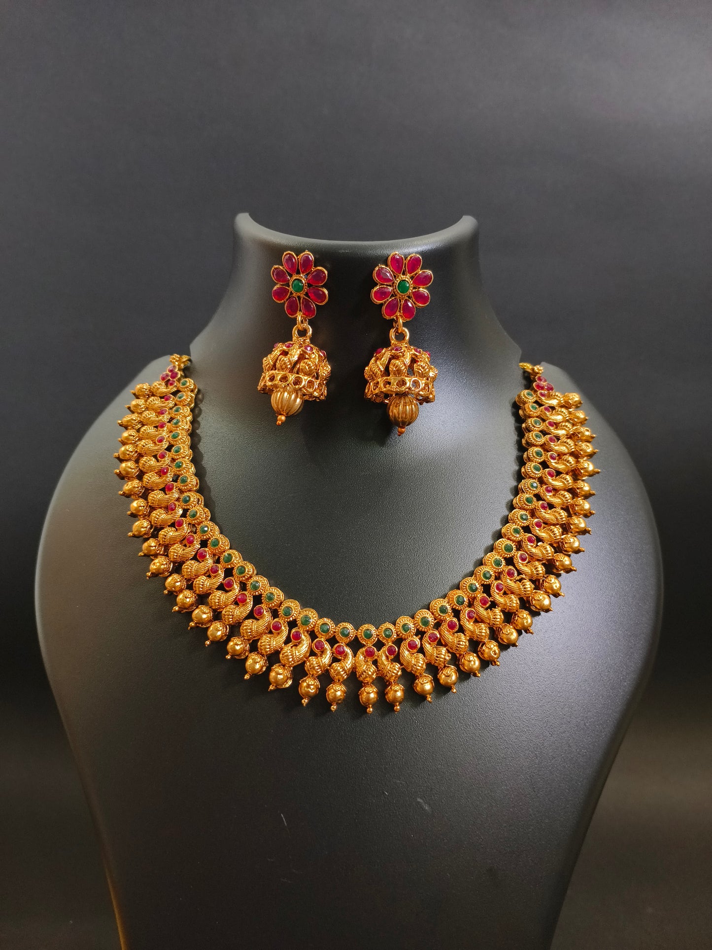 Antique Finish Pota Stone Necklace Set - Floral Design with Jhumkas