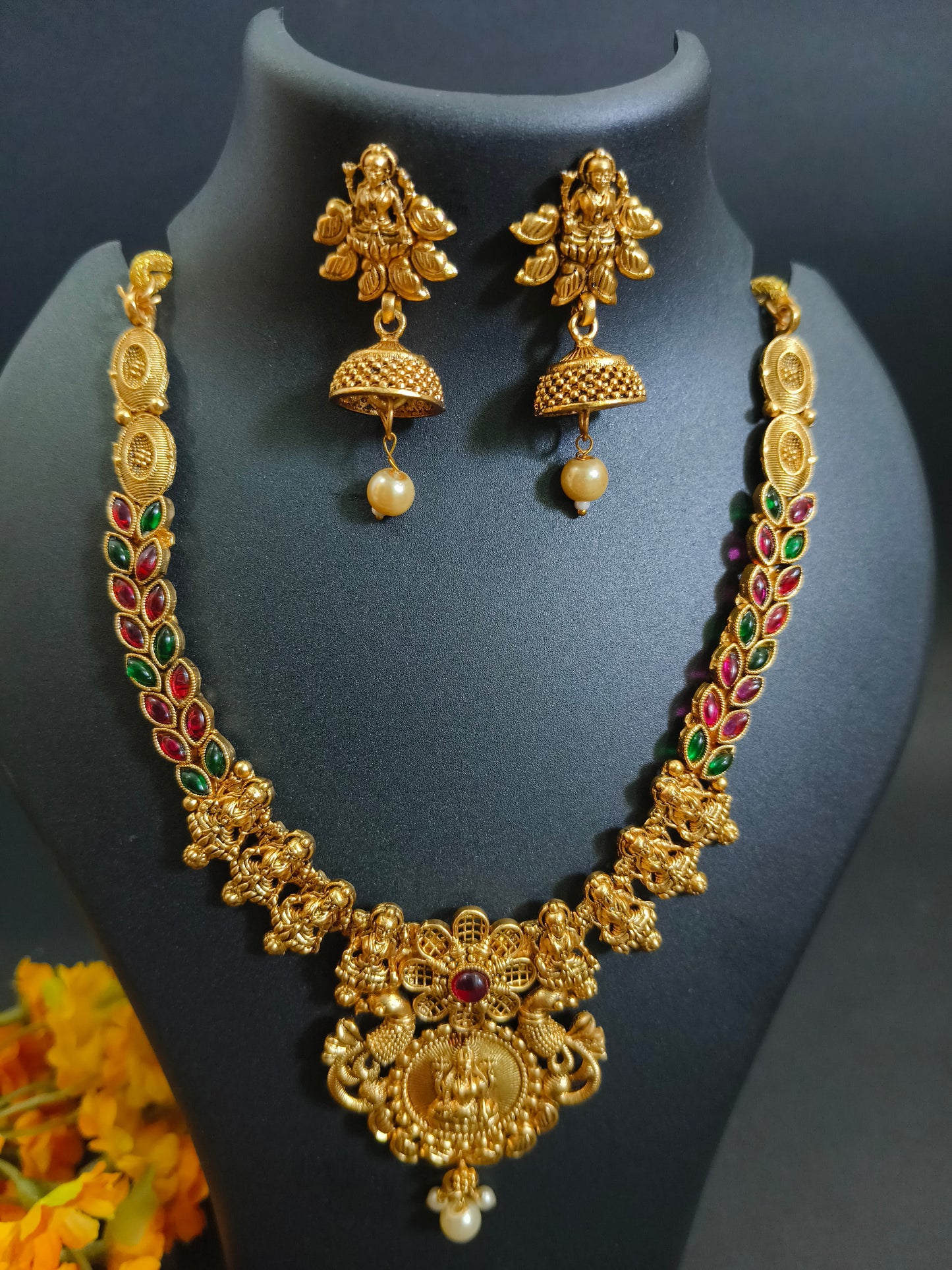 Kempu Stone Exclusive Necklace Set with Lakshmi Pendant & Jhumkas