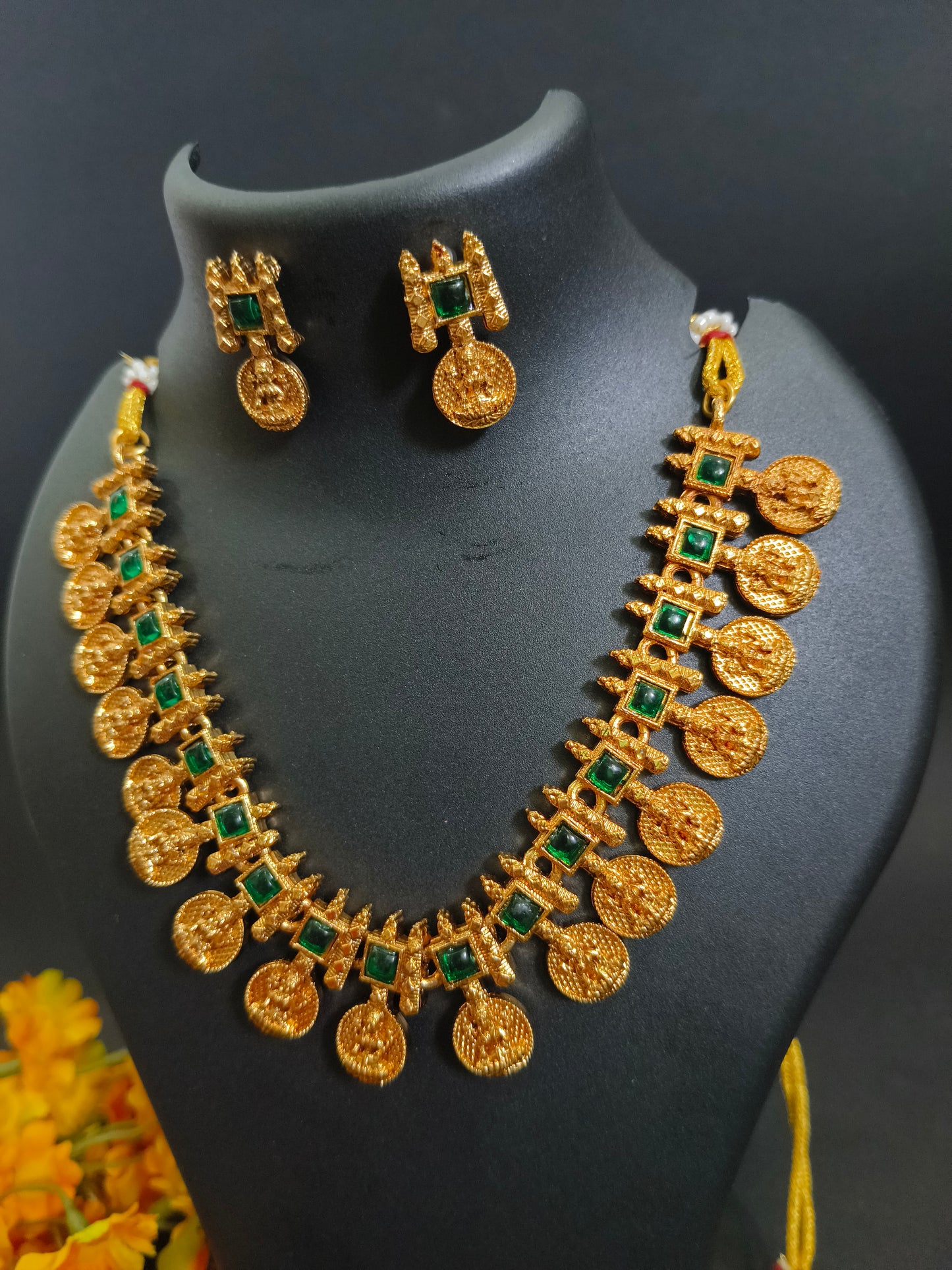 Antique Finish Green Kempu Necklace Set - Temple Jewelry Design