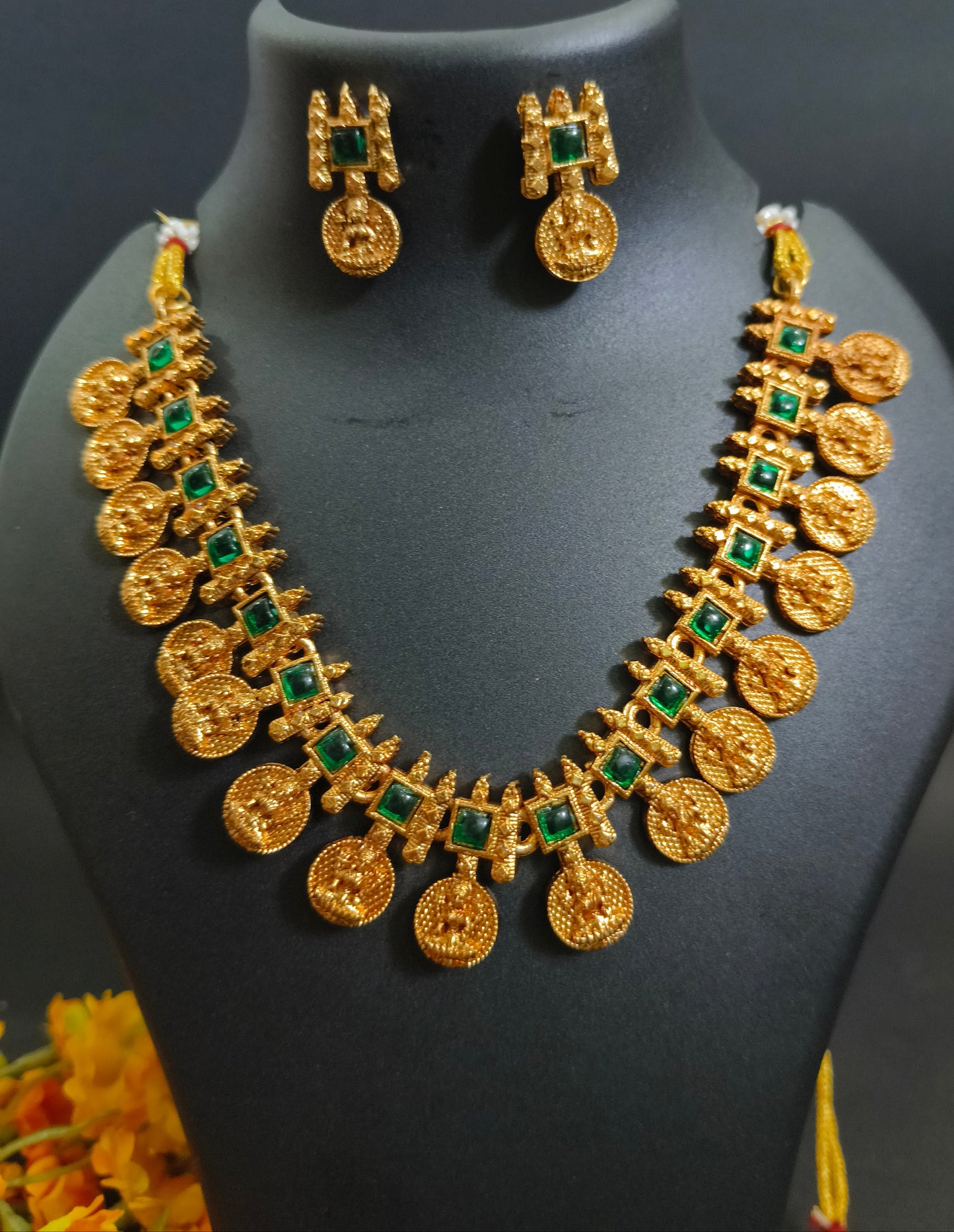 Antique Finish Green Kempu Necklace Set - Temple Jewelry Design