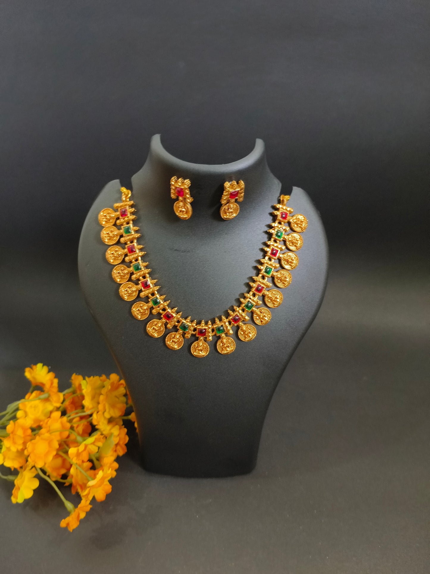 Antique Finish Multi Colour Kempu Necklace Set - Temple Jewelry Design
