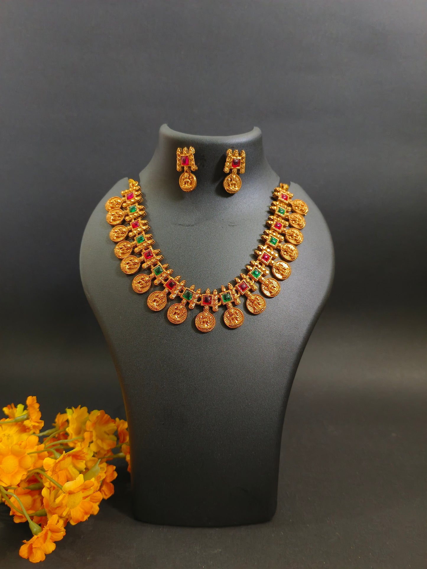 Antique Finish Multi Colour Kempu Necklace Set - Temple Jewelry Design