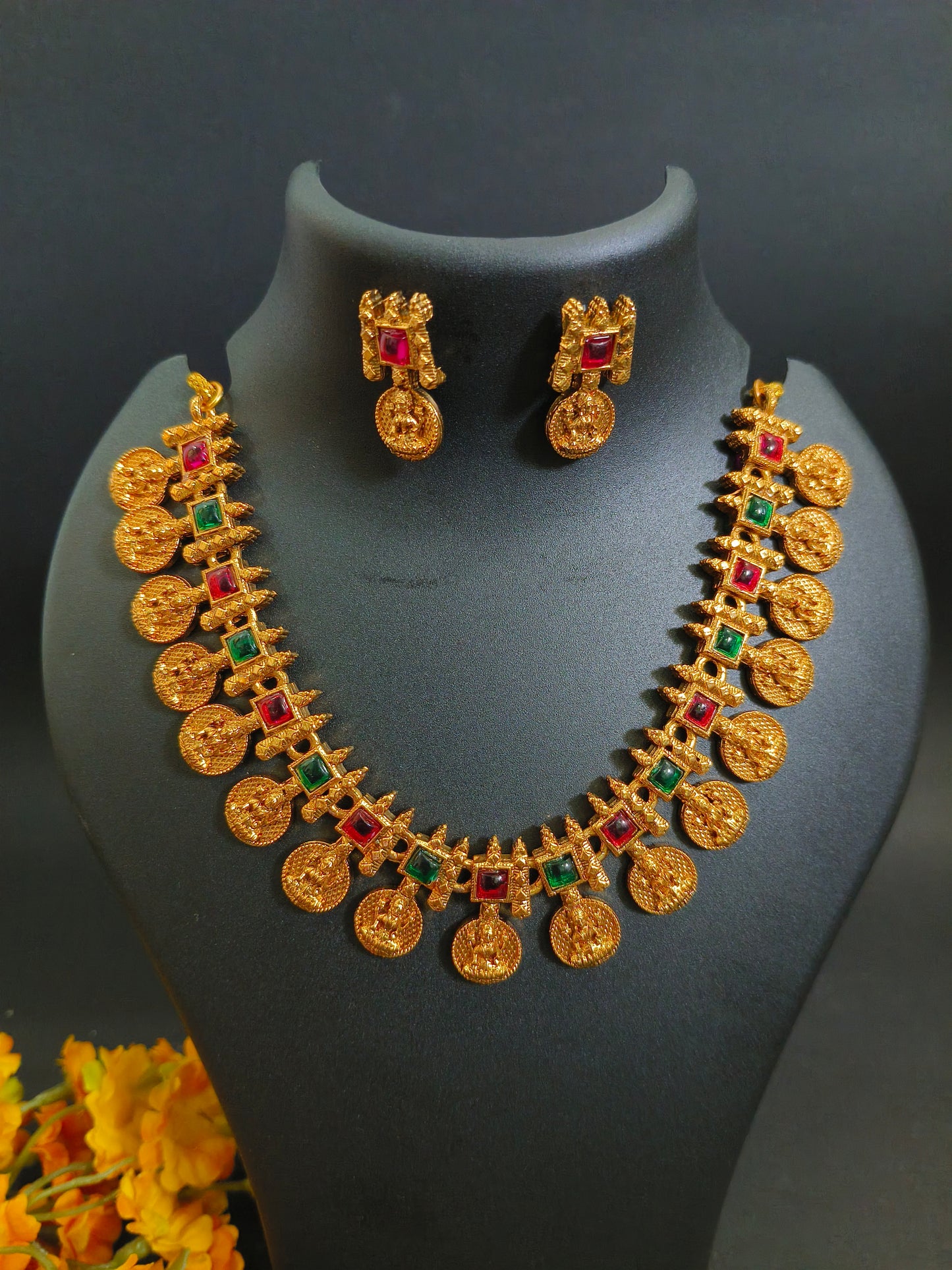 Antique Finish Multi Colour Kempu Necklace Set - Temple Jewelry Design
