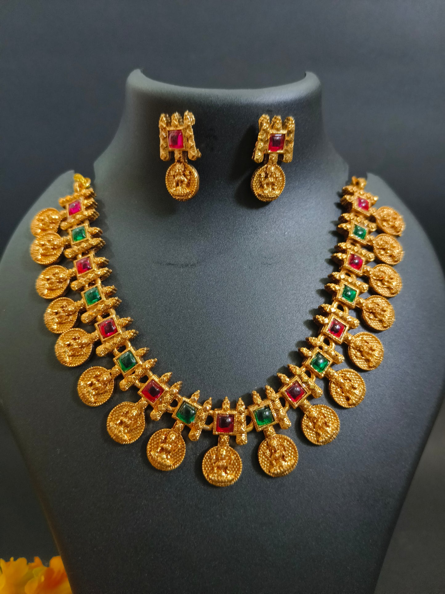 Antique Finish Multi Colour Kempu Necklace Set - Temple Jewelry Design