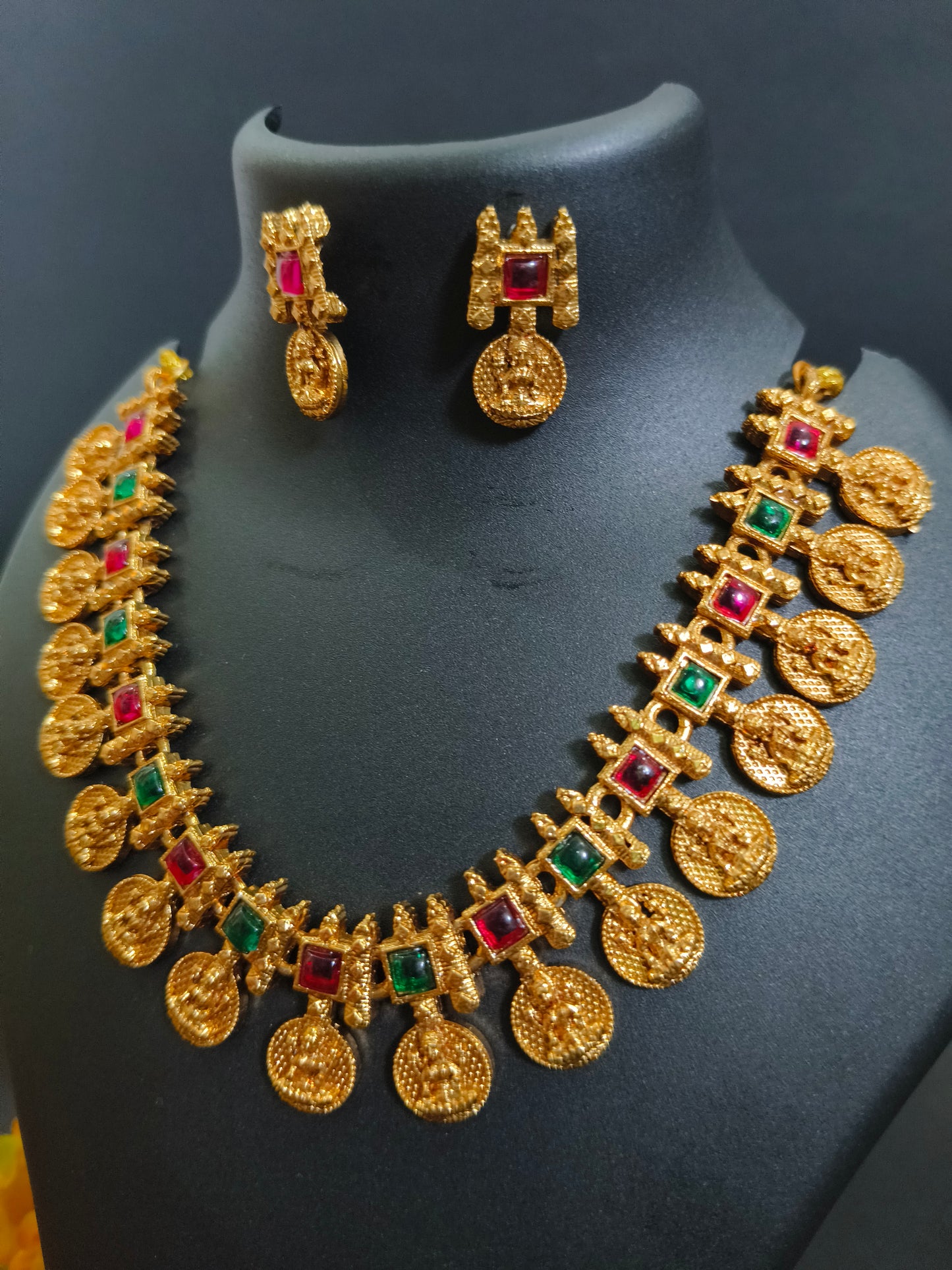 Antique Finish Multi Colour Kempu Necklace Set - Temple Jewelry Design