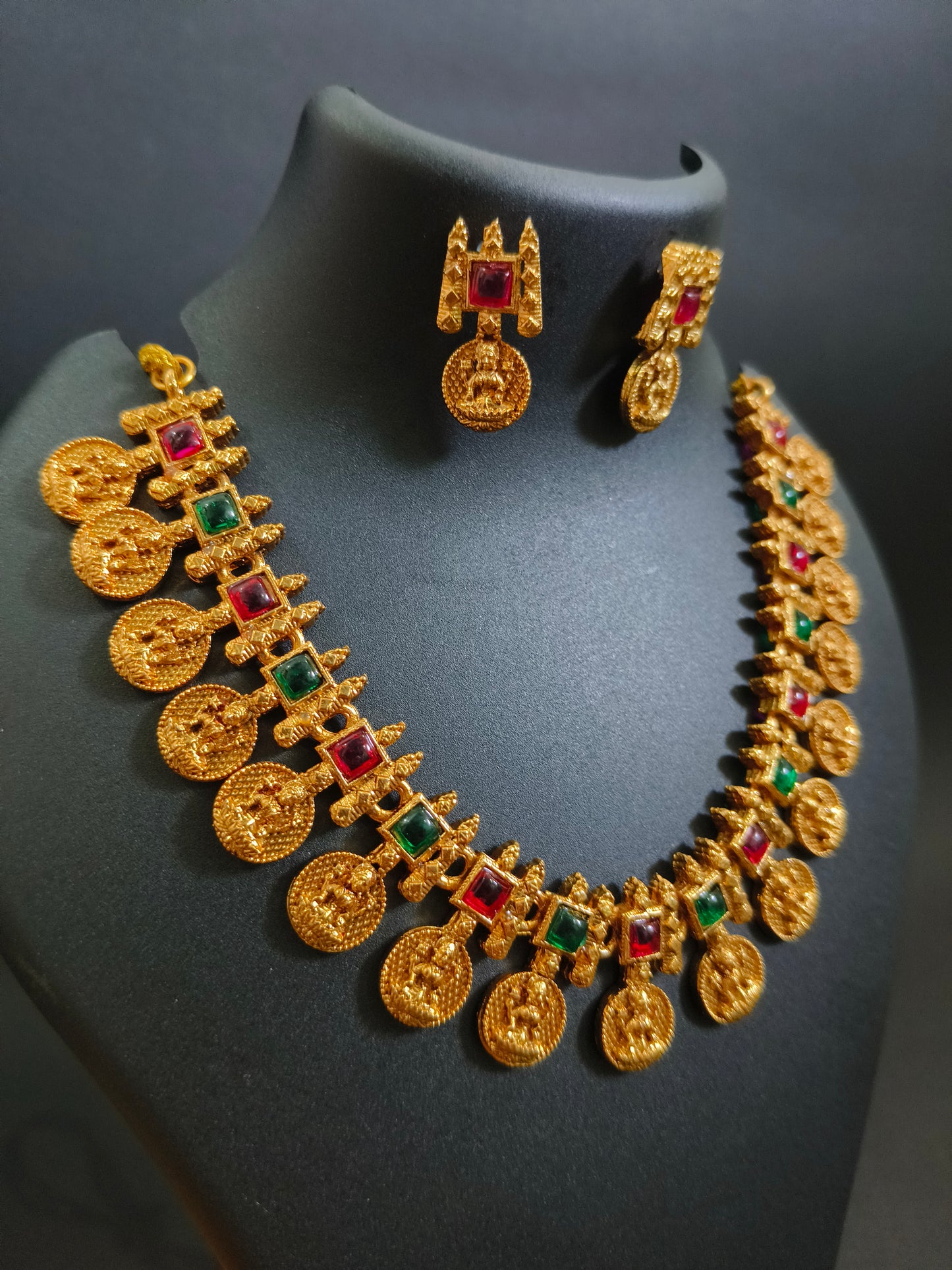 Antique Finish Multi Colour Kempu Necklace Set - Temple Jewelry Design