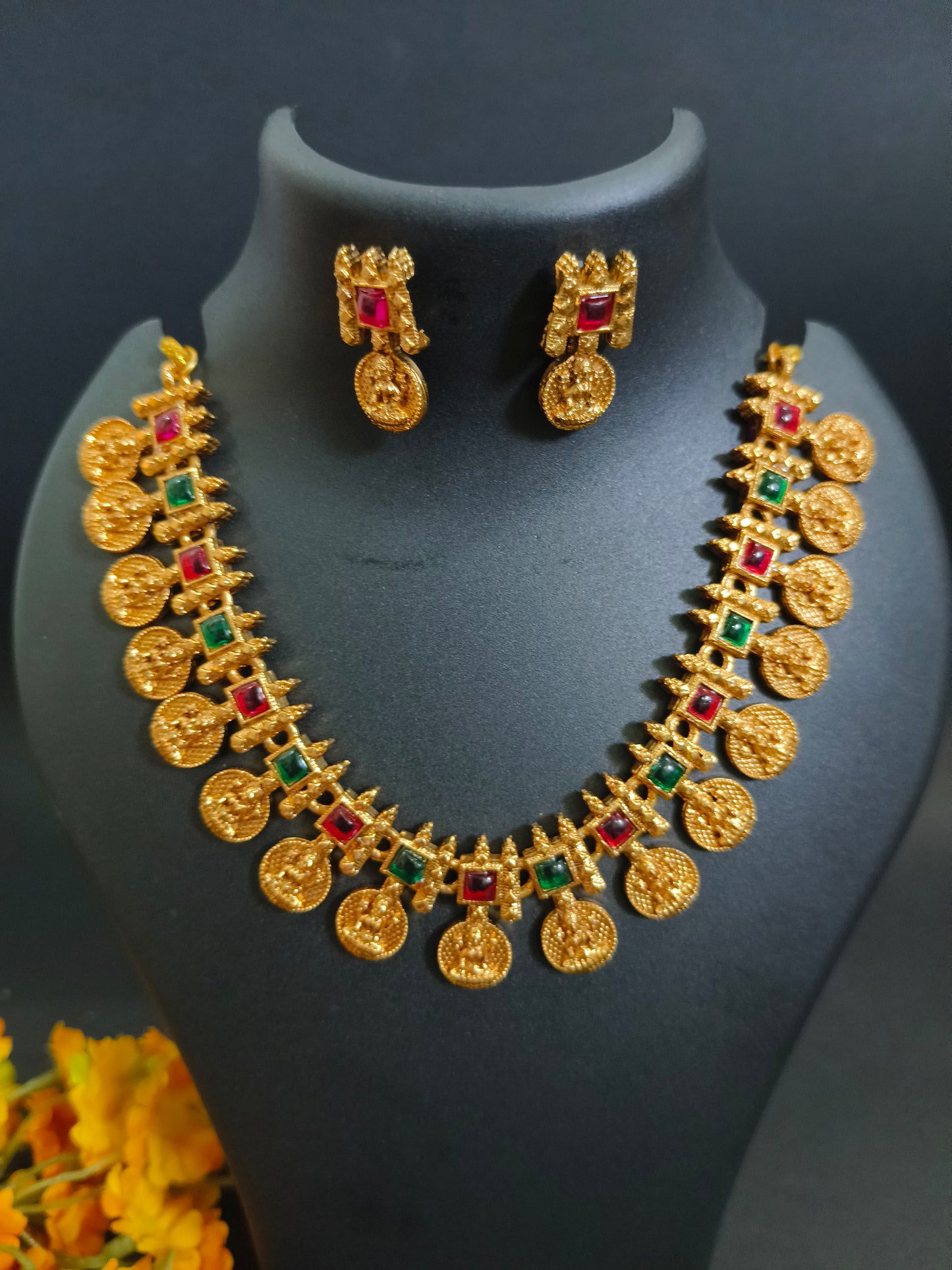 Antique Finish Multi Colour Kempu Necklace Set - Temple Jewelry Design