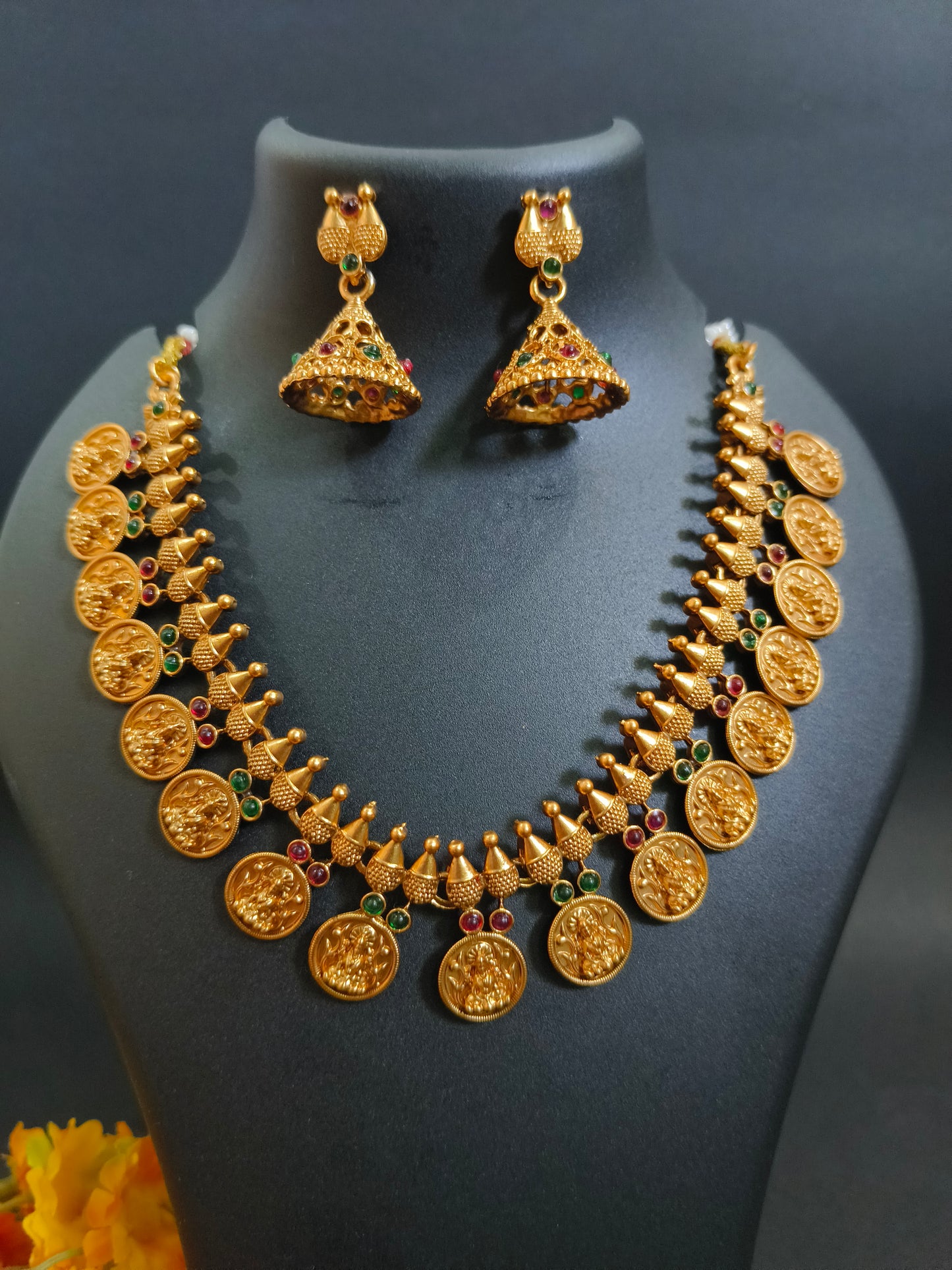 Gold Plated Temple Coin Necklace Set with Jhumka Earrings - Traditional Jewelry