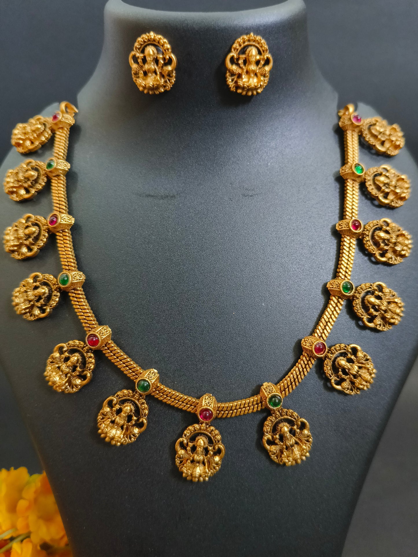 Traditional Shankari Necklace & Earrings - Matte Gold Temple Jewellery