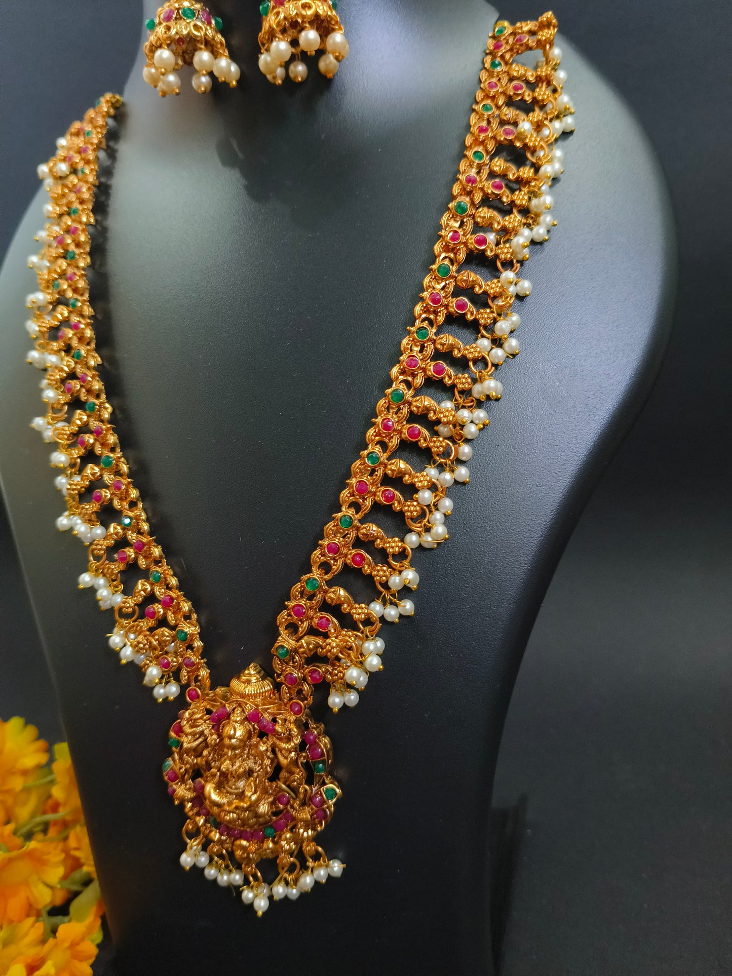Long Kempu Stone & Pearl Necklace Set with Lakshmi Pendant & Jhumkas