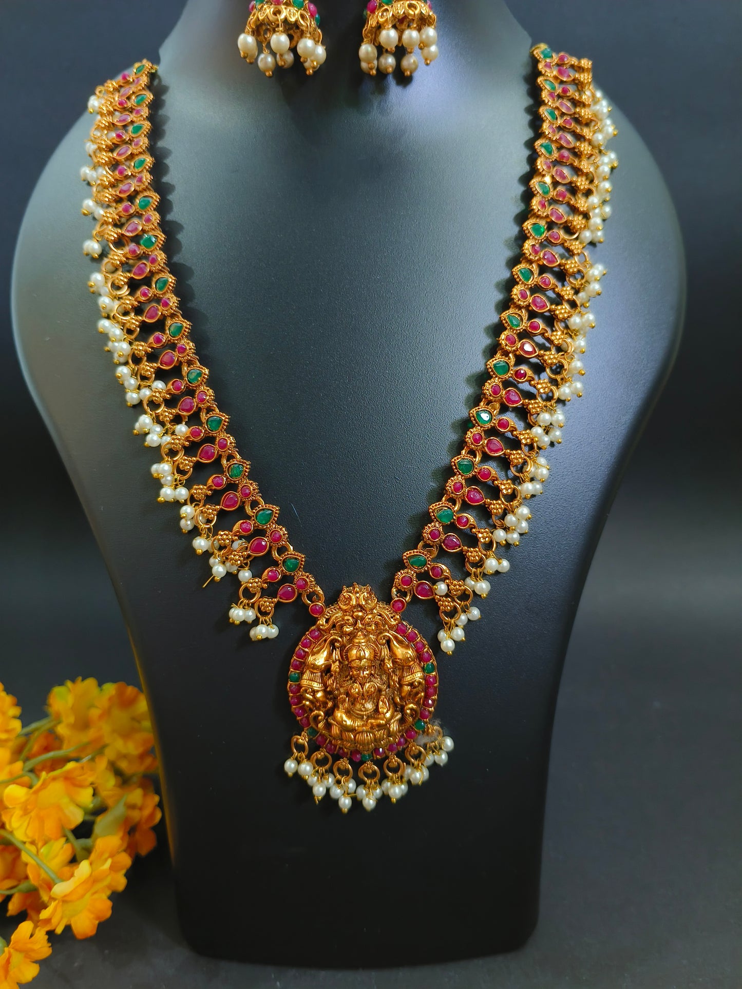 Traditional Jadau Kundan Long Necklace Set - Lakshmi Design with Pearls