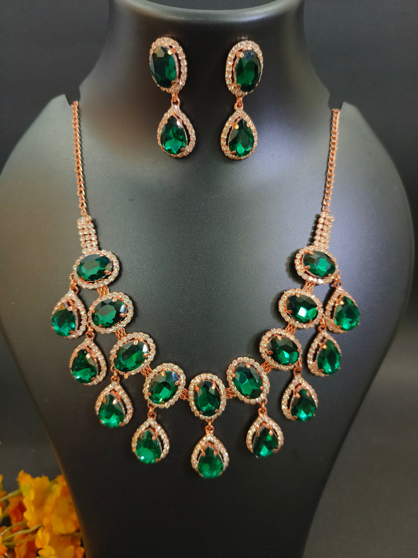 Emerald Green Teardrop Necklace Set - Rose Gold Plated with Crystal Accents