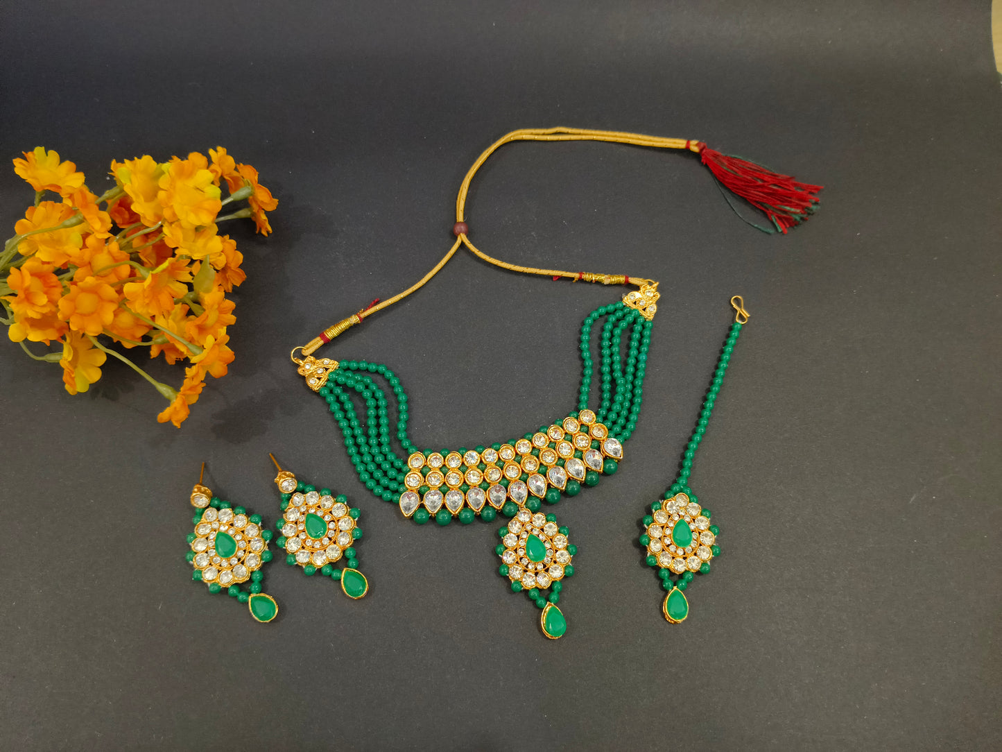 Green Kundan Beaded Choker Necklace Set - Traditional Indian Jewelry