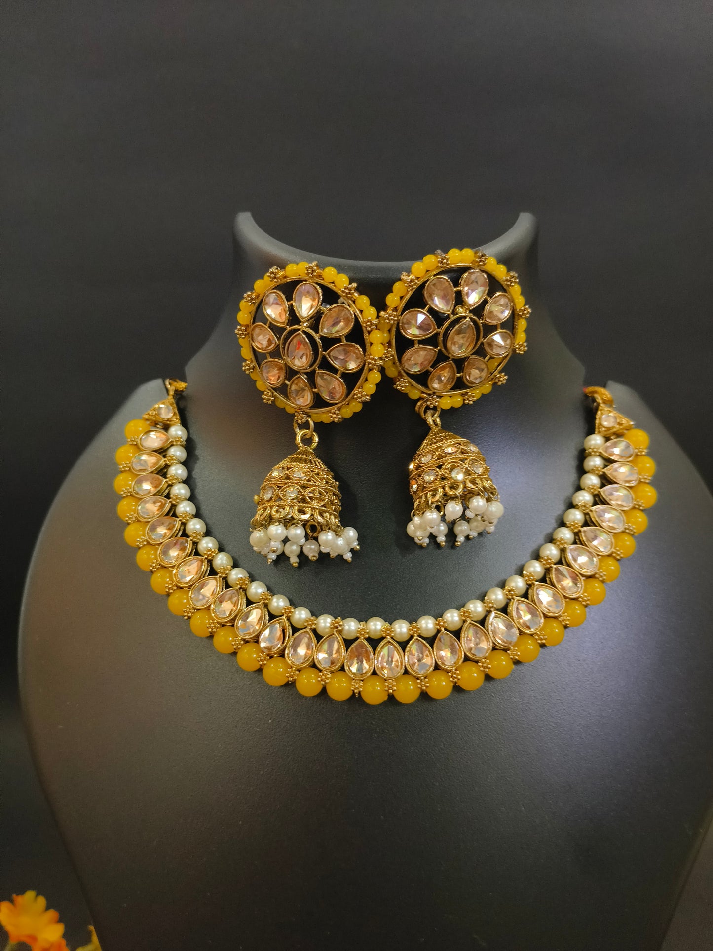 Zooni Collection Yellow Pearl Necklace Set with Jhumkas & Maang Tikka