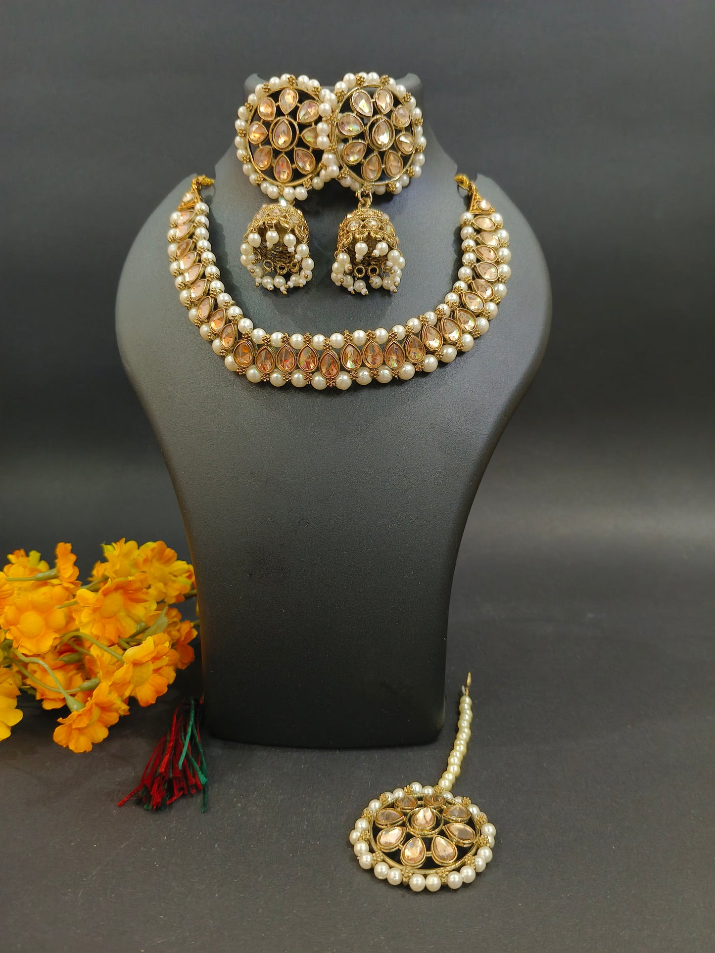 Pavi Gold Polki Necklace Set with Jhumkas