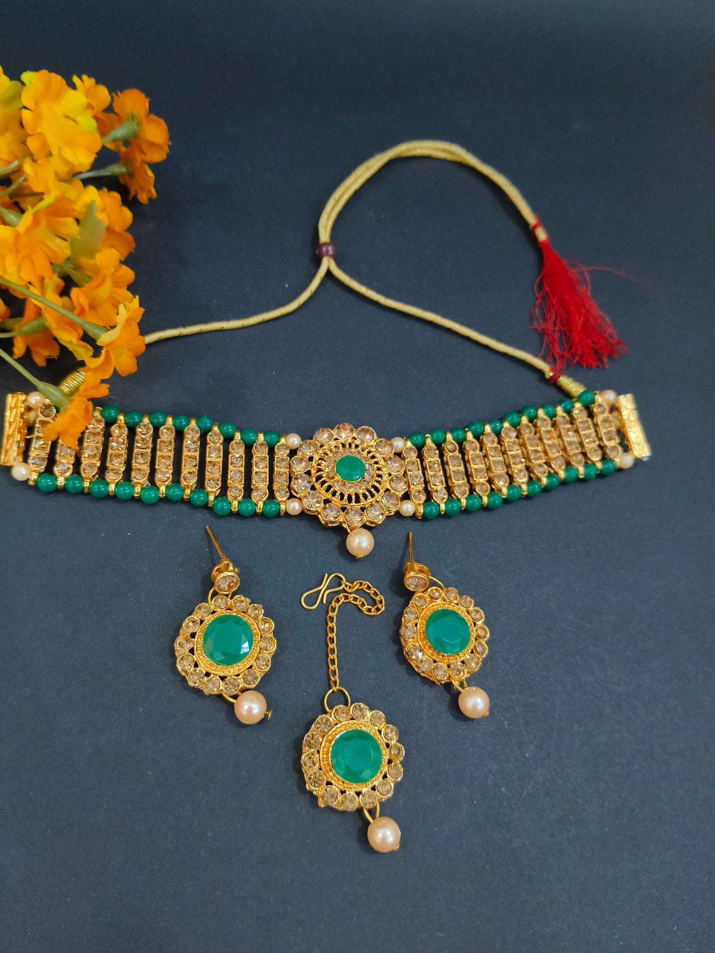 Gold Plated Designer Choker Set with Green Stones & Pearls