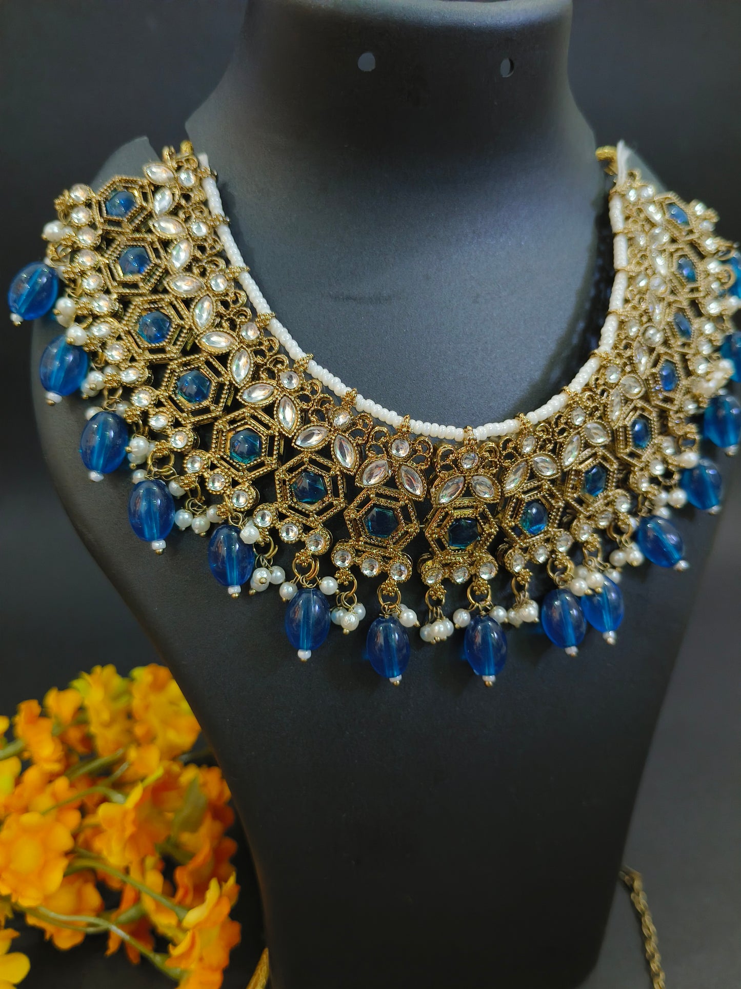 Katyayani Peacock Blue Mirror Jewellery Set with Necklace, Earrings & Maang Tikka