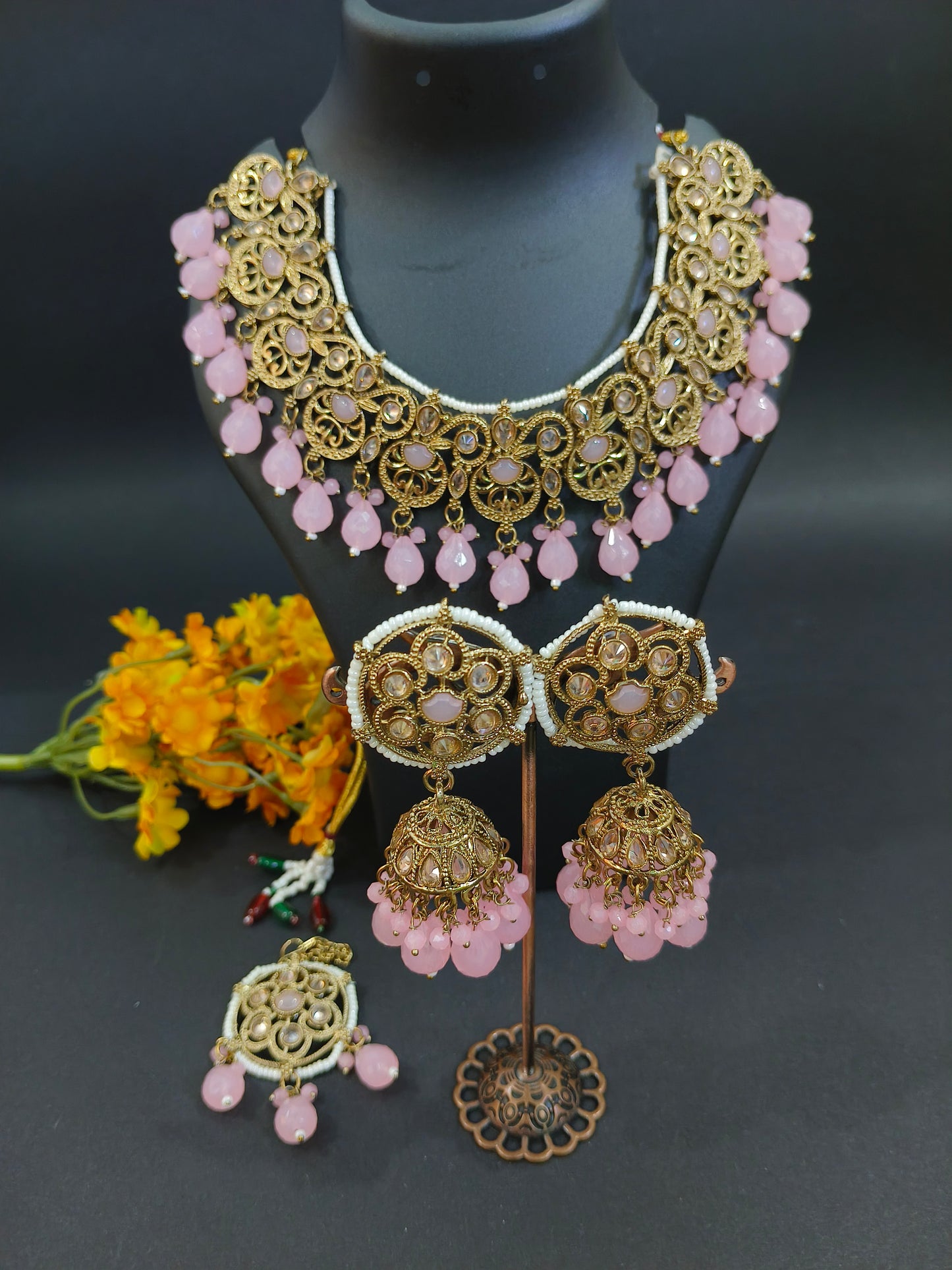 Indoexquisite Designs Tyani Inspired Uncut Real Kundan Necklace Set with Pink Beads