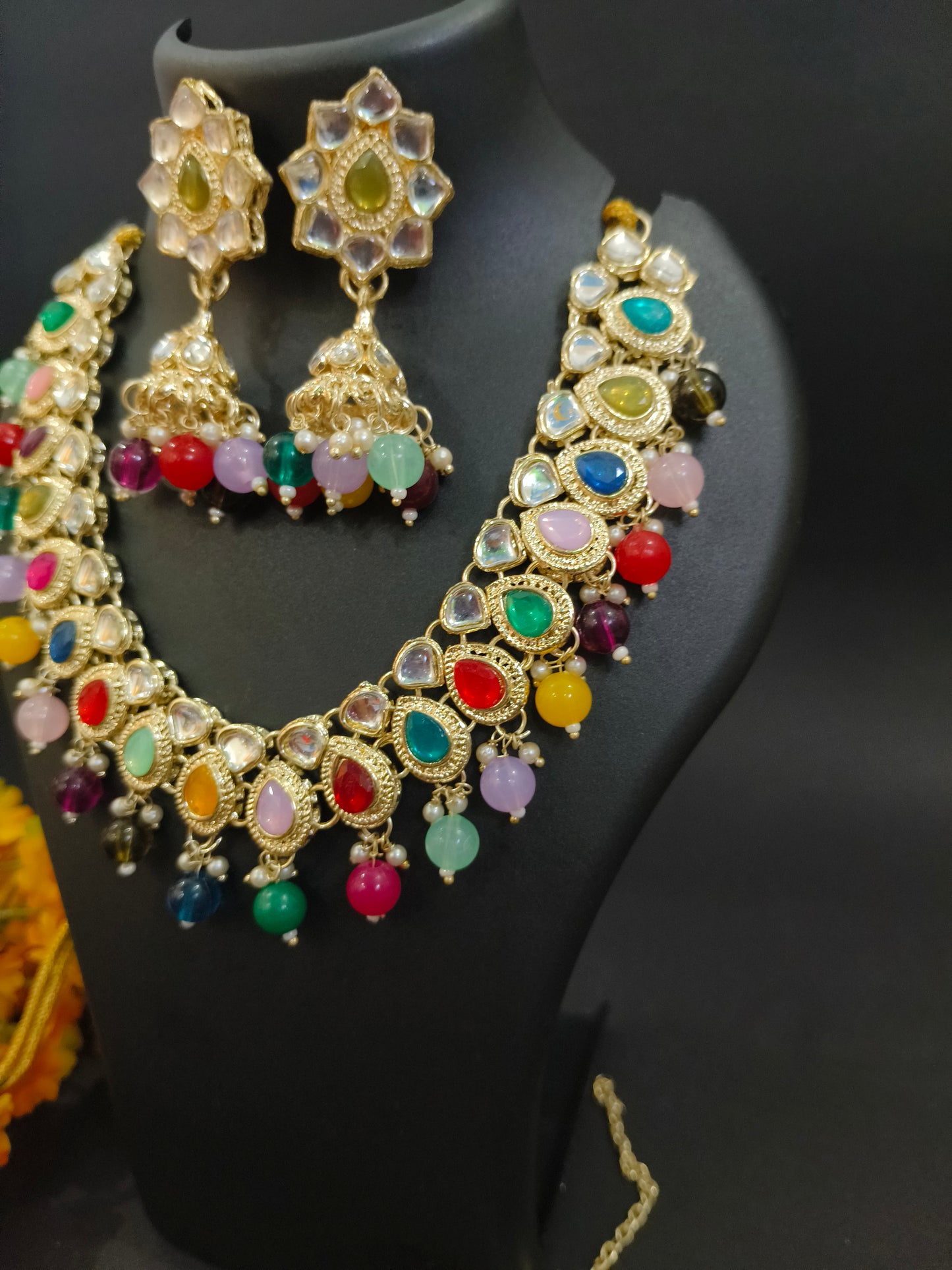 JCM Gold Plated Multicolor Jewel Set with Necklace, Earrings & Maang Tikka