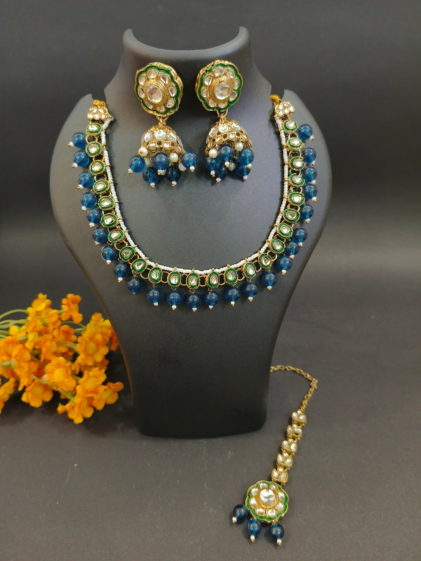 Gold Plated Kundan and Pearl Necklace Set with Earrings & Maang Tikka