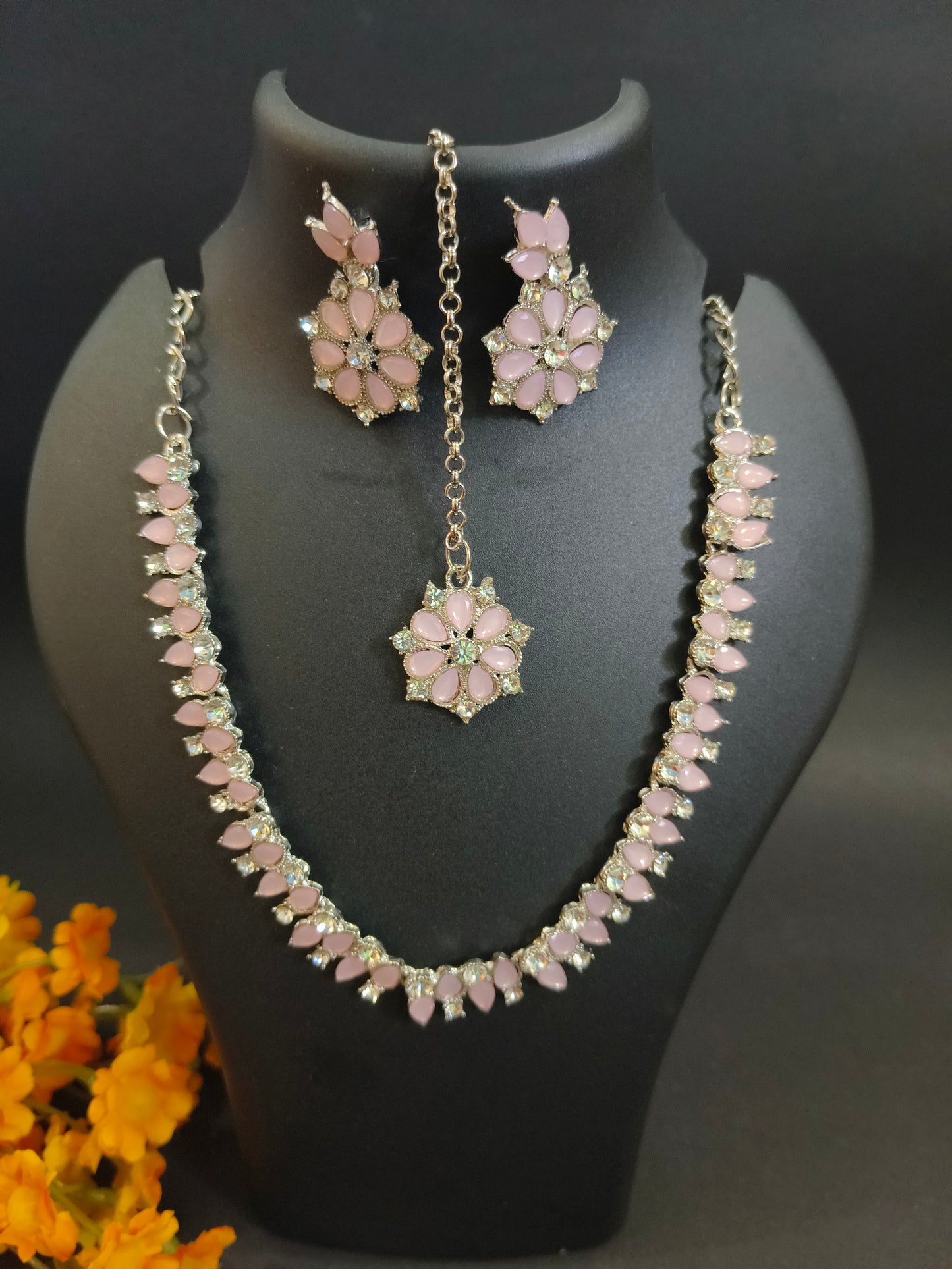Princess Fancy Jewellery Set with Pink Stones - Necklace, Earrings & Maang Tikka