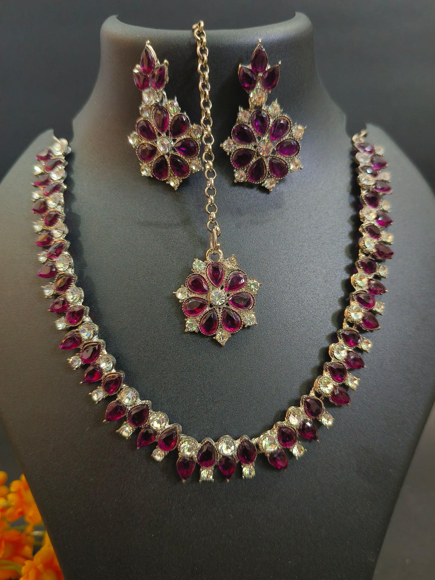 Ruby Diamond Necklace Set with Earrings & Maang Tikka