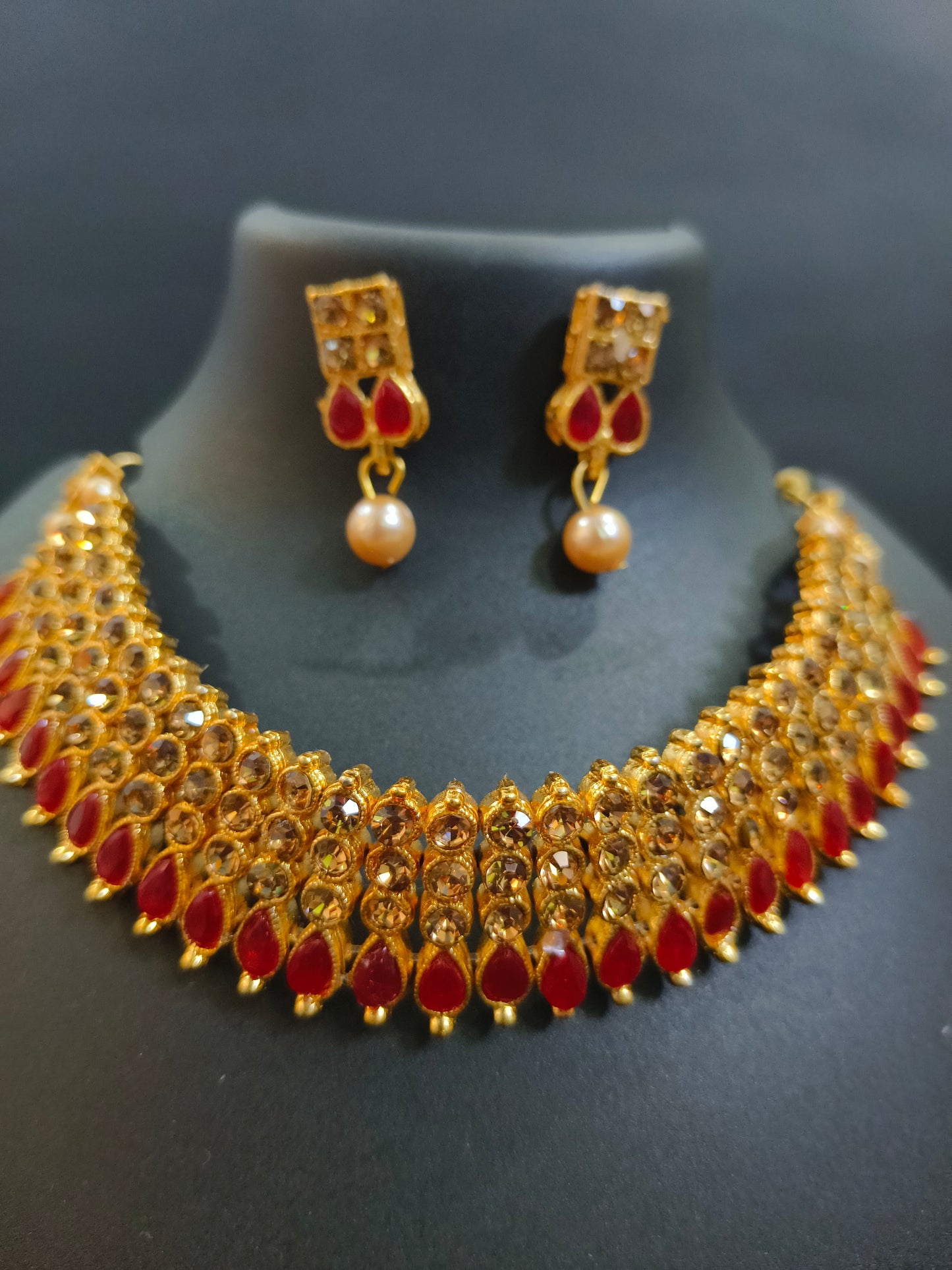 Gold Plated Red Stone Necklace Set with Pearl Drops