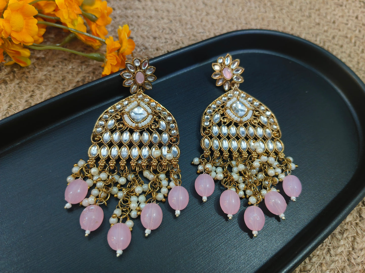 Kashvi Mirror Hair Jhoomer Earrings - Pink & White