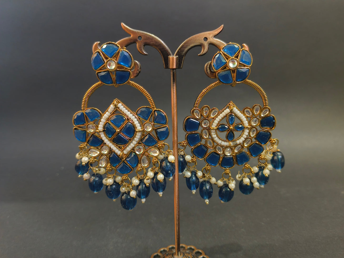 Blue Stone Long Earrings with Polki Work