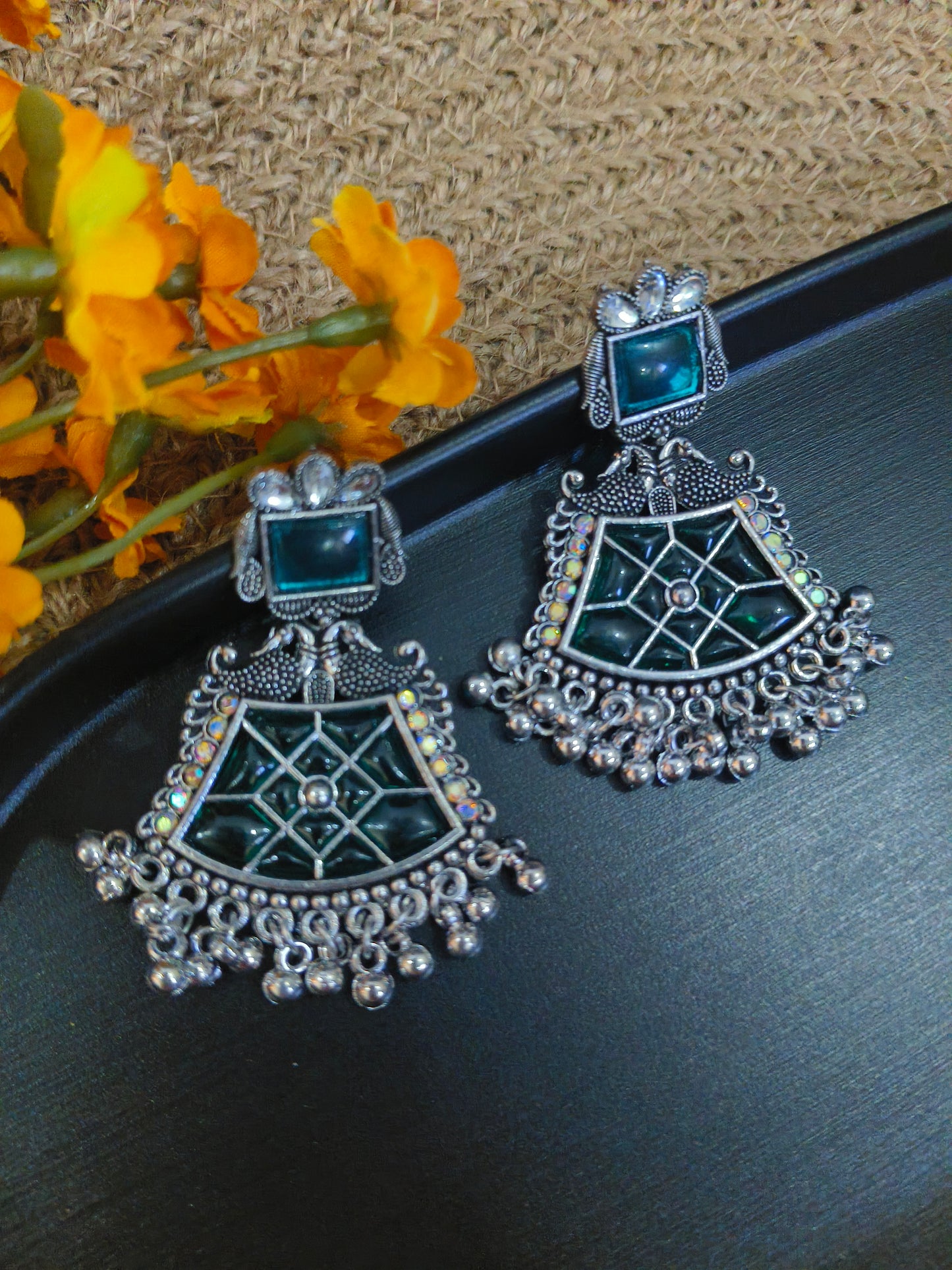 Oxidized Silver Tone Green Stone Earrings