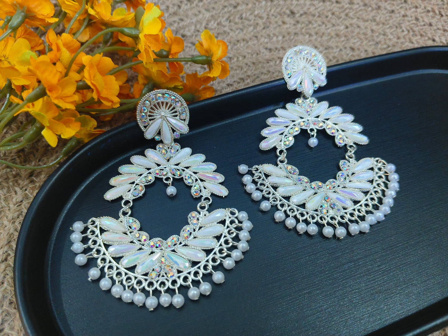 White Stone & Pearl Chandbali Earrings