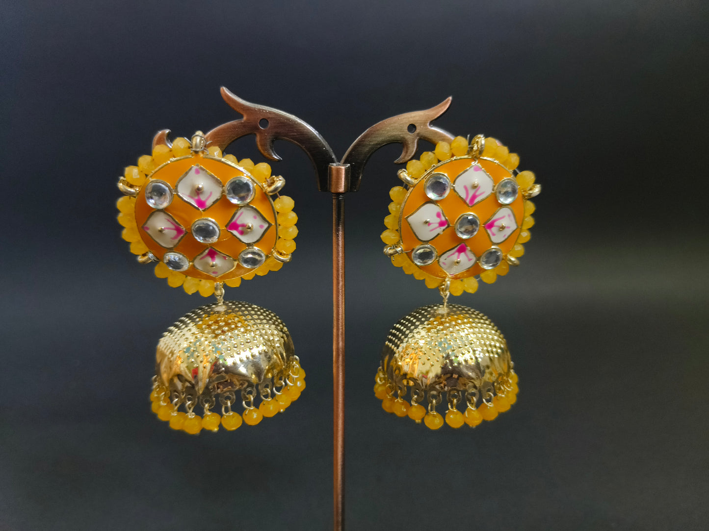 Yellow Enamel & Kundan Jhumka Earrings