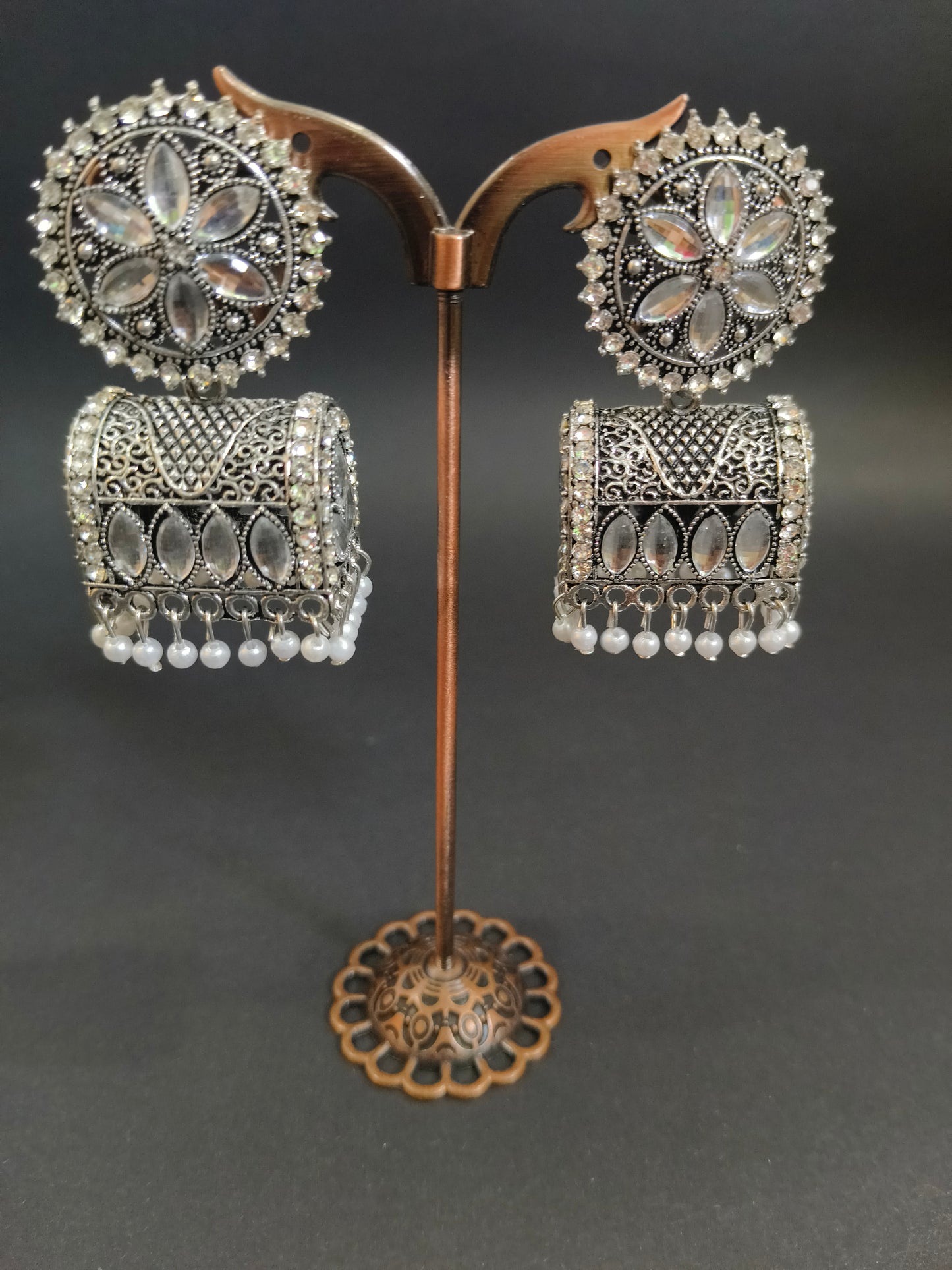 Oxidized Silver Stone Jhumka Earrings