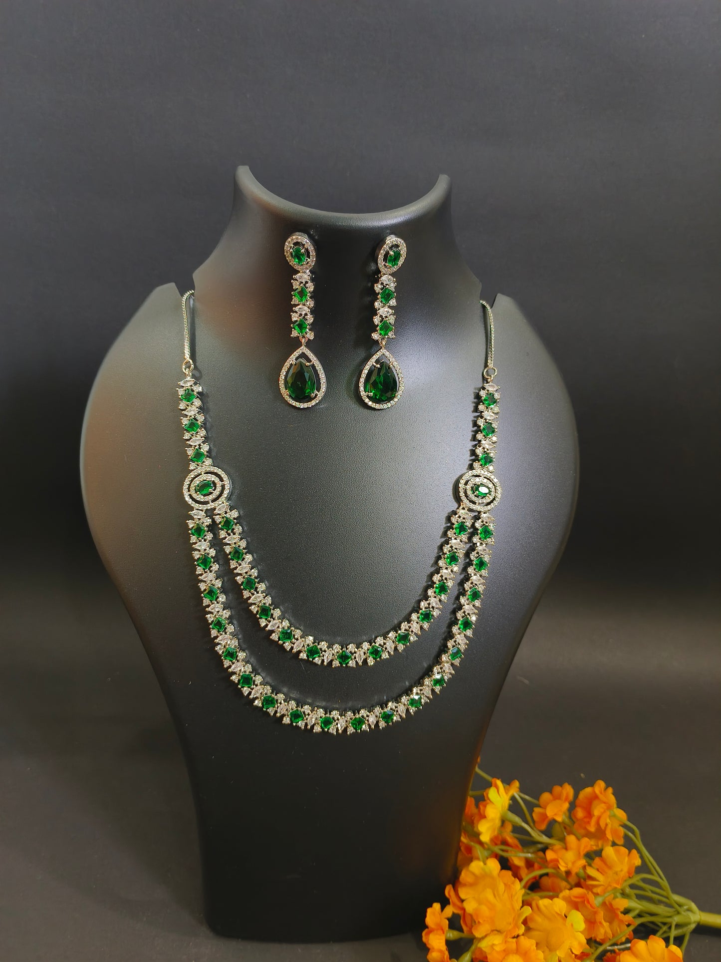 American Diamond Necklace Set with Emerald Green Stones