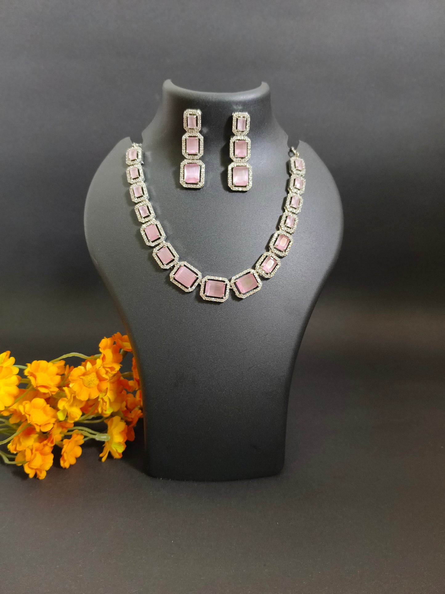American Diamond Necklace Set with Pink Hydro Stones
