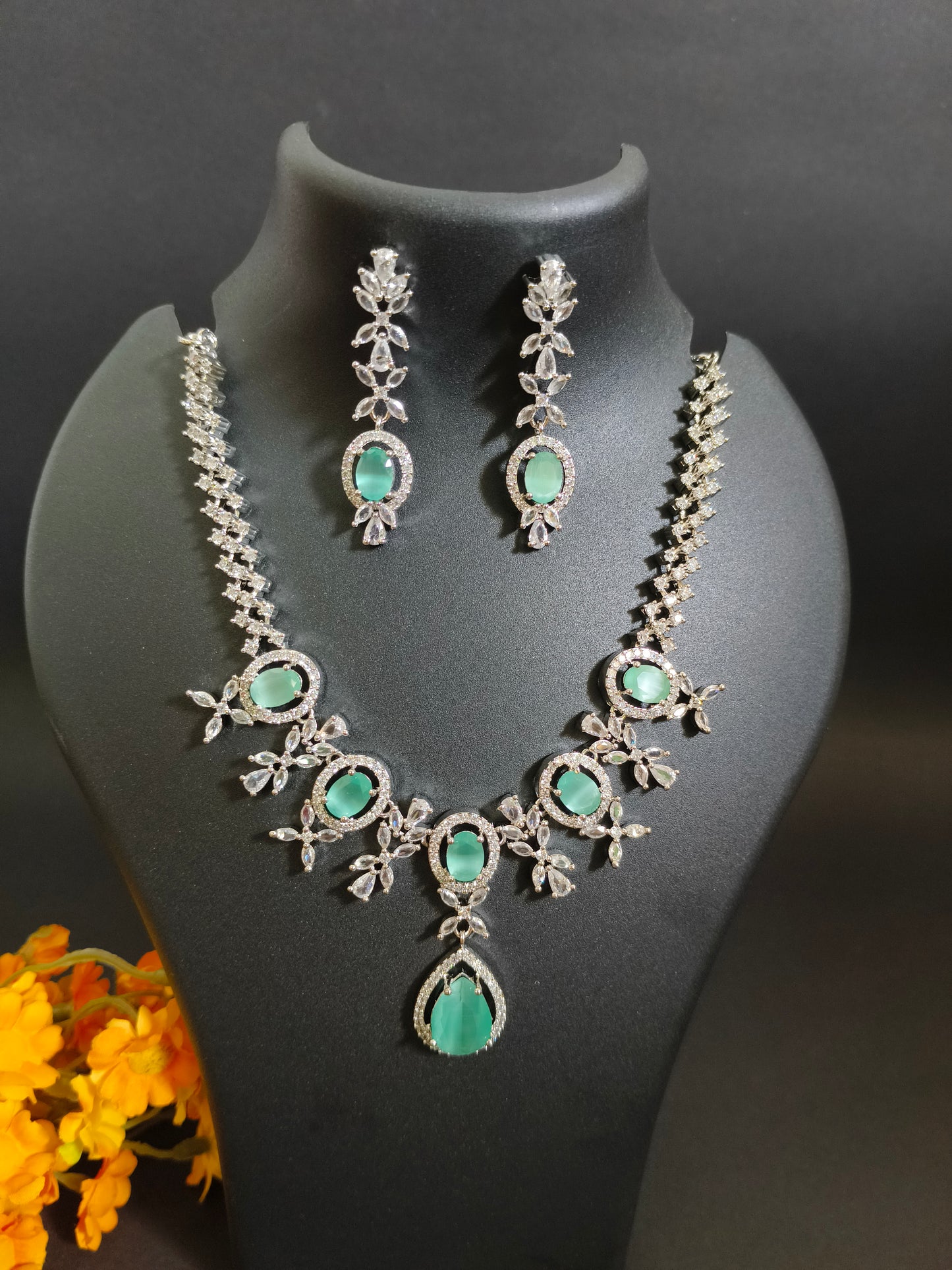 Canisa Peridot Designer American Diamond Necklace Set