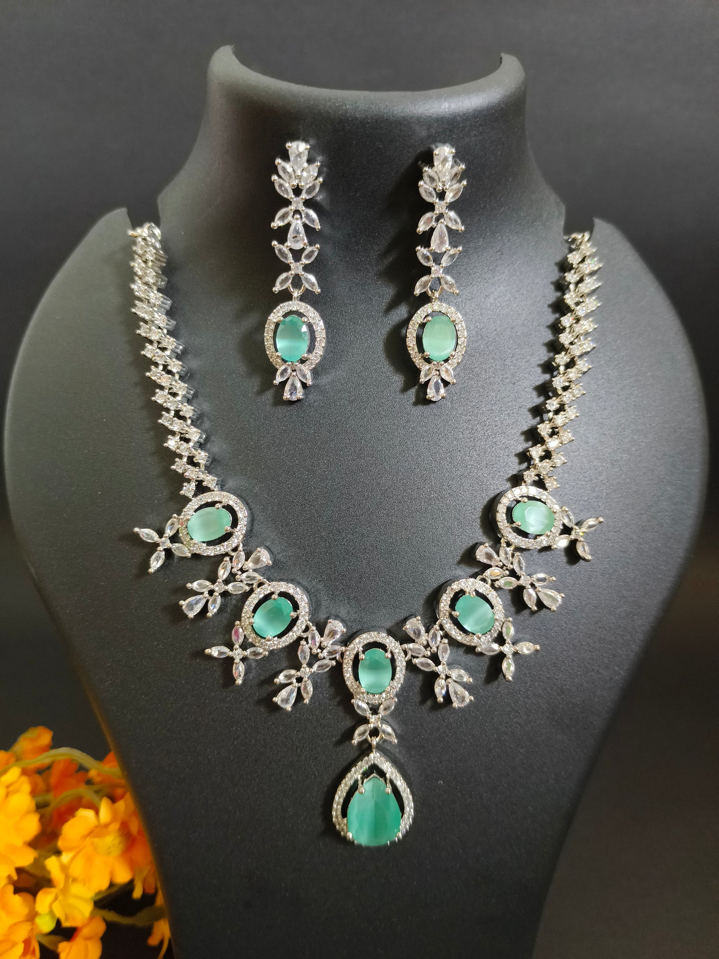 Canisa Peridot Designer American Diamond Necklace Set