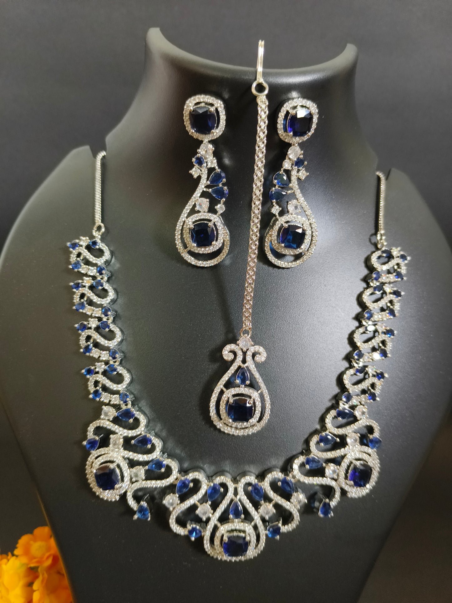 American Diamond Exquisite Necklace Set with Blue Stones & Maang Tikka