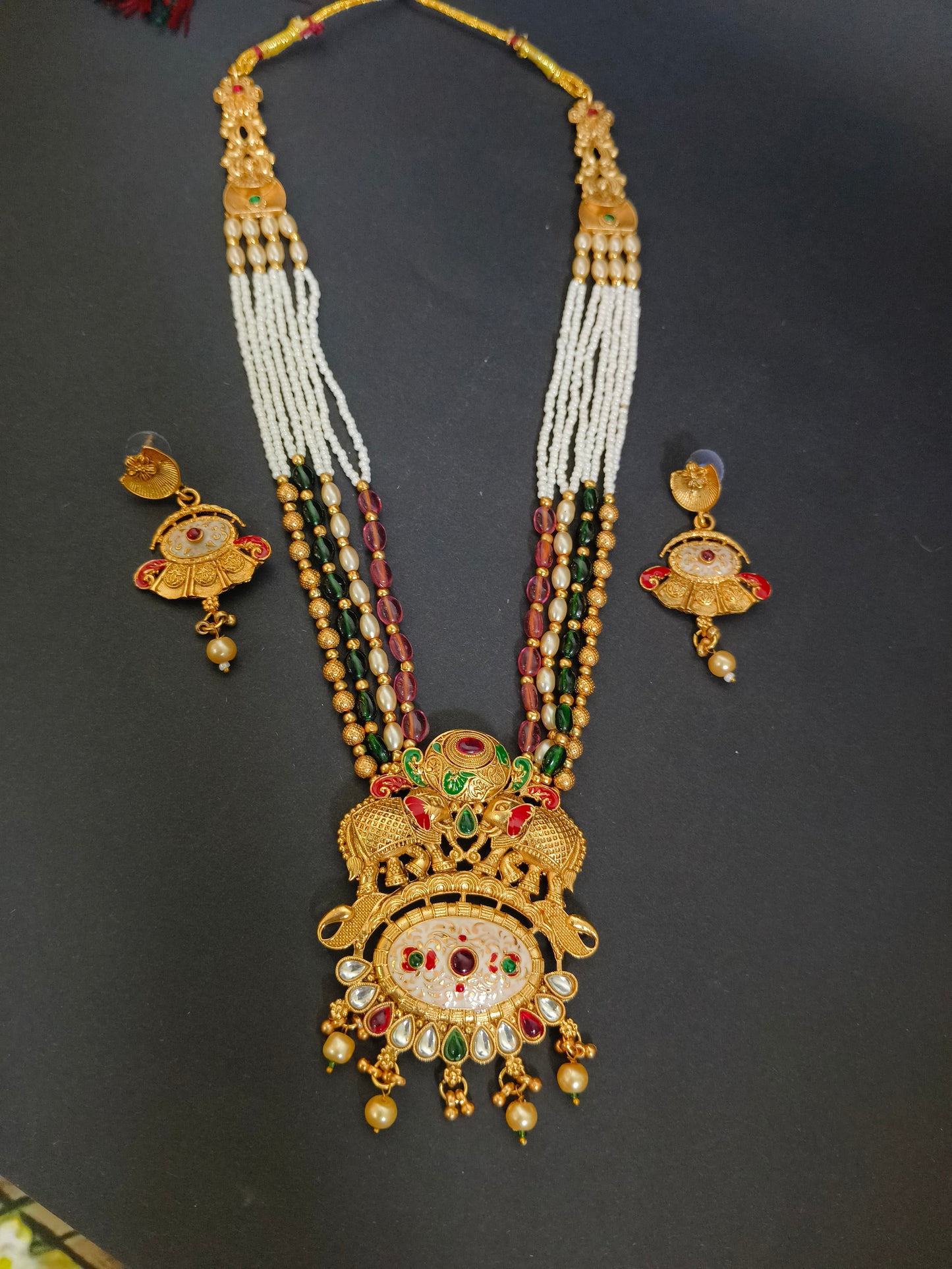 Gold Plated Pota Stone & Pearl Long Necklace Set