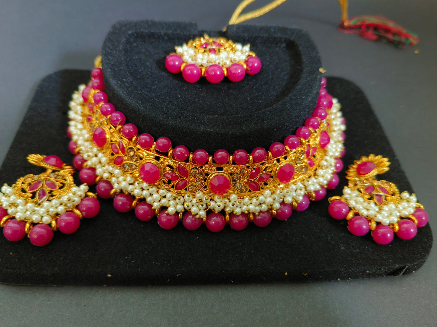 SFJ Gold Plated Alloy Ruby Red Necklace Set with Maang Tikka