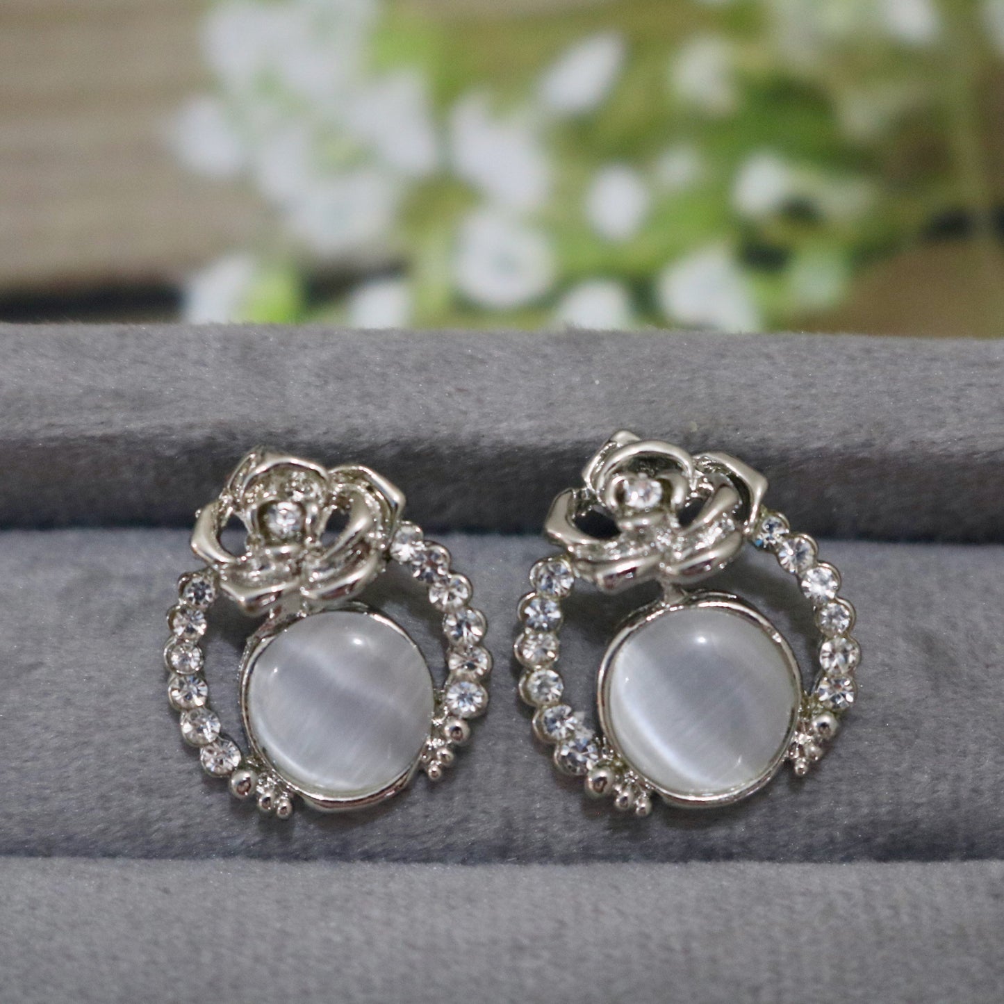 Moonstone Rose Stud Earrings