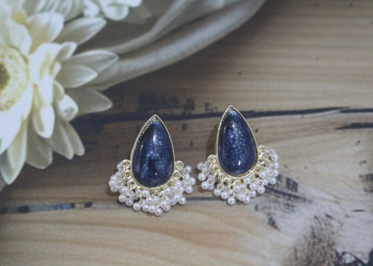 Blue Stone With White Pearl Fringe Earrings