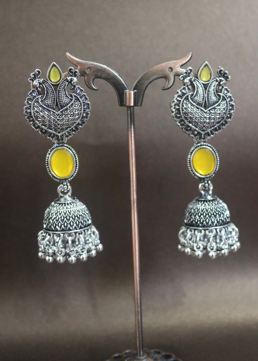 Oxidized Jhumka Earrings with Peacock Motif - Yellow