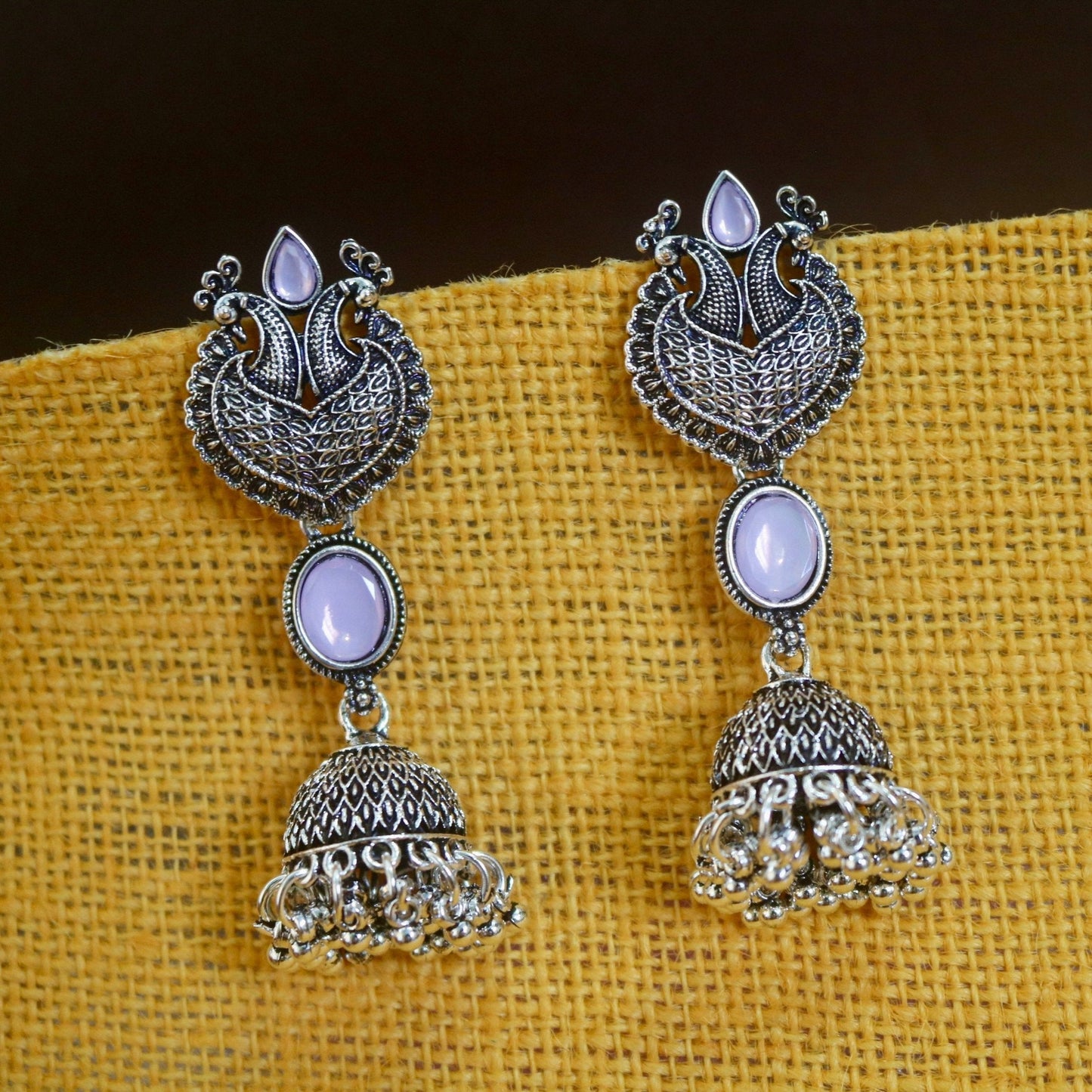 Oxidized Jhumka Earrings with Peacock Motif -Purple